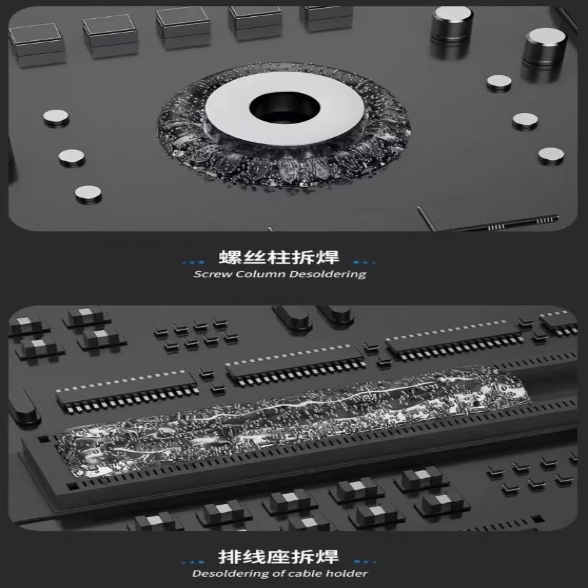 Image showcasing screw column desoldering and cable holder desoldering using professional tools.