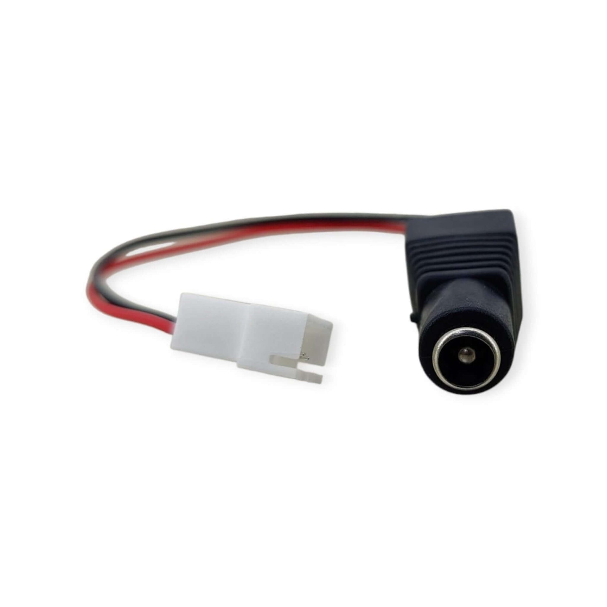 White JST connector to DC 5.5x2.1mm male adapter cable for LiPo battery chargers, LED strips, and DIY electronics.