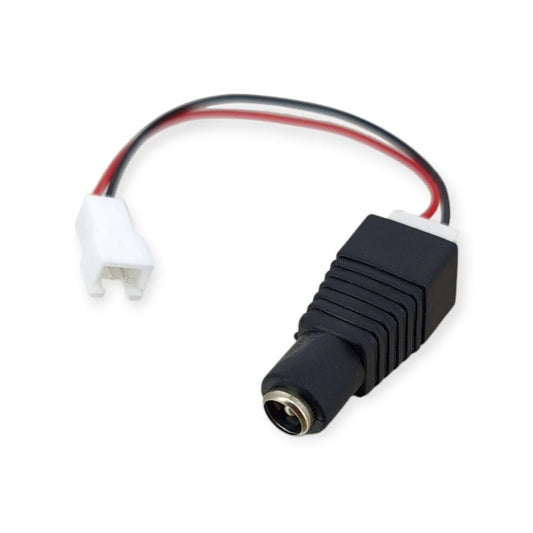 Black DC female to white JST male adapter cable, ideal for LiPo battery charging and electronic devices.