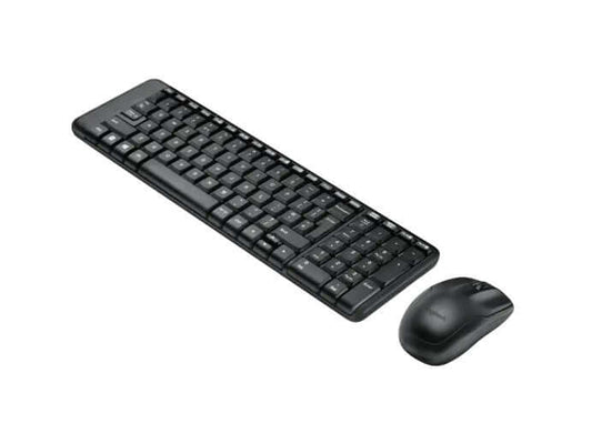 Logitech MK220 wireless keyboard and mouse combo showcasing a compact design for easy workspace organization.