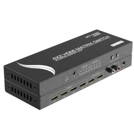 MT-VIKI 4x2 HDMI Matrix Switch with multiple HDMI inputs and outputs, 4K 30Hz support, and audio extractor feature.
