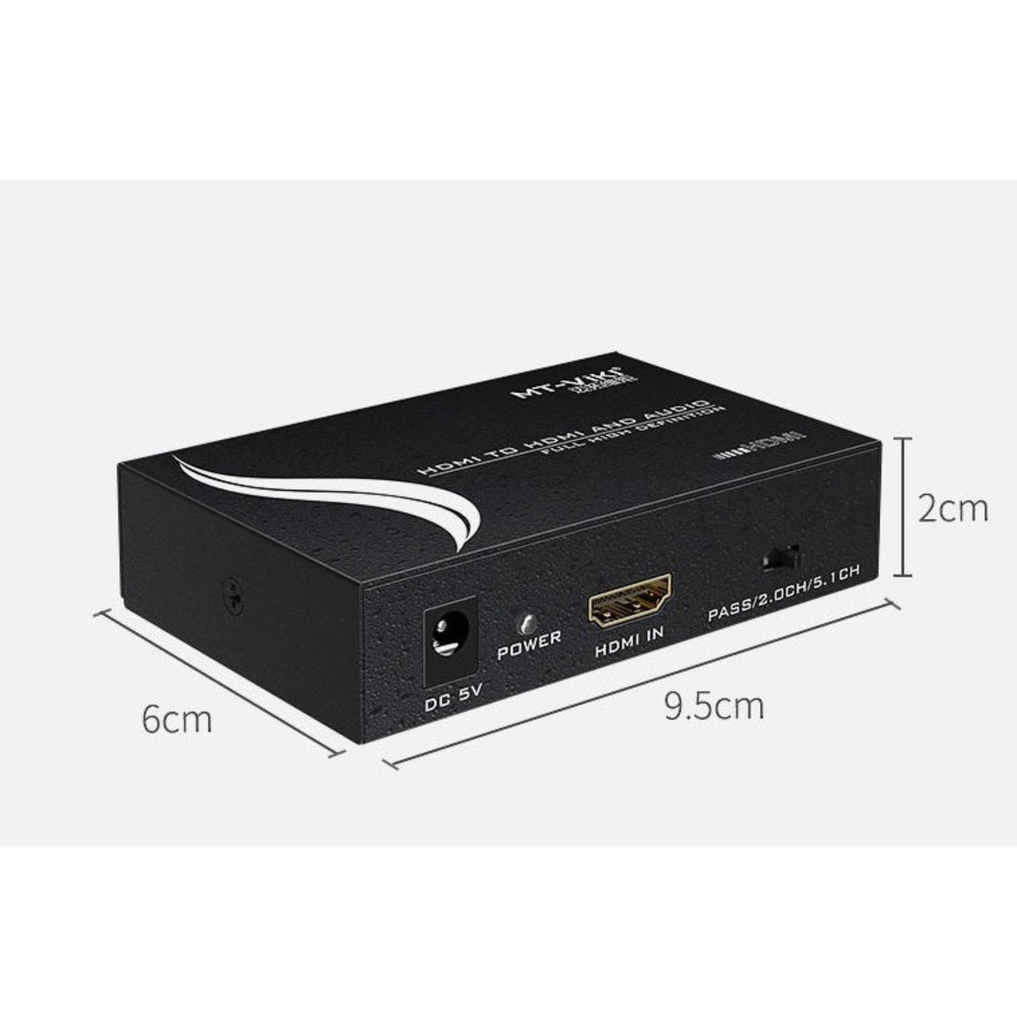 MT-VIKI HDMI to Audio Extractor Splitter, compact design, dimensions 9.5cm x 6cm x 2cm, features HDMI in and audio outputs.