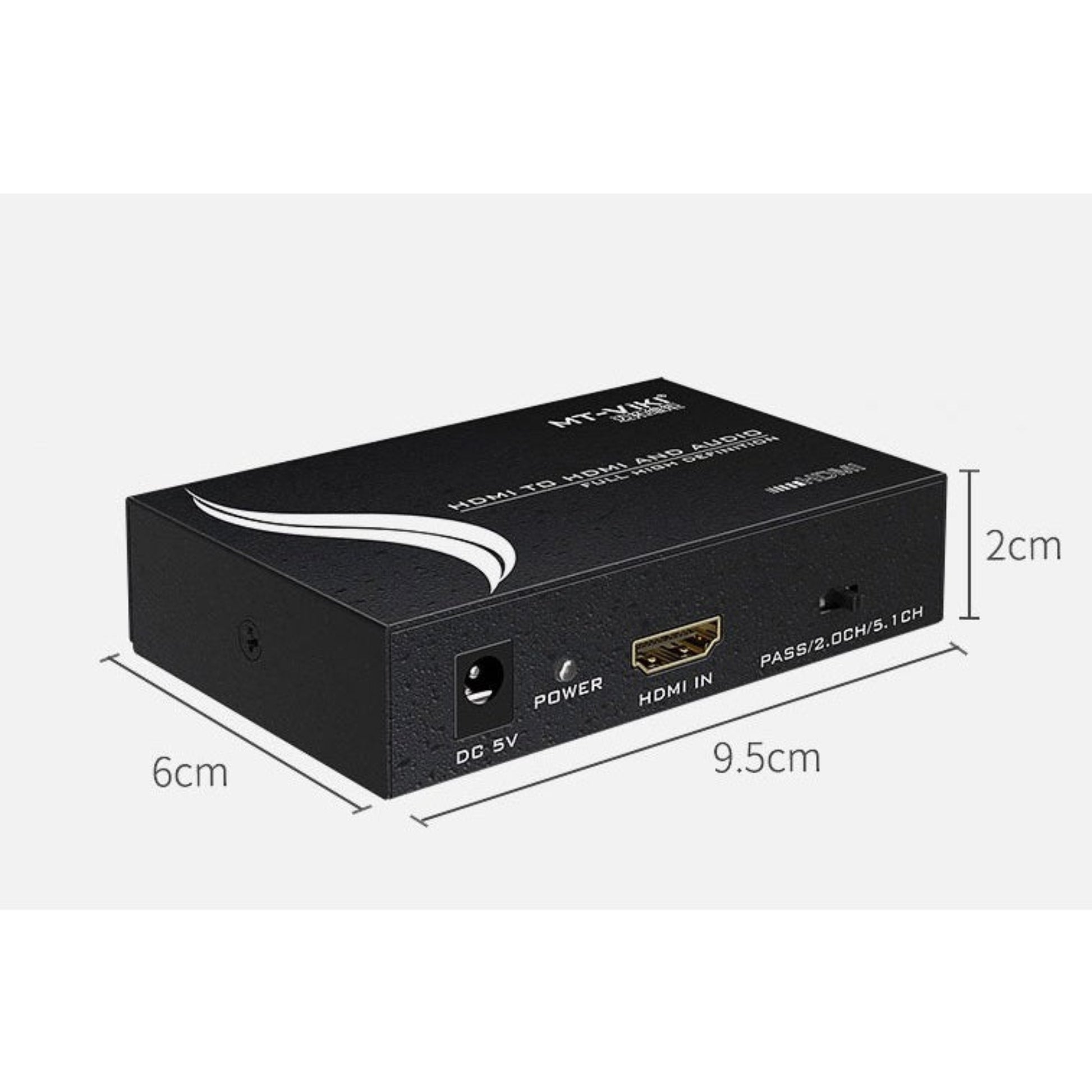MT-VIKI HDMI to Audio Extractor Splitter, compact design, dimensions 9.5cm x 6cm x 2cm, features HDMI in and audio outputs.