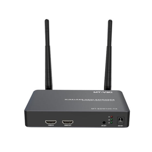 MT-VIKI MT-EDW100 Wireless HDMI Extender with dual antennas, HDMI ports, and power input for 1080P video transmission.