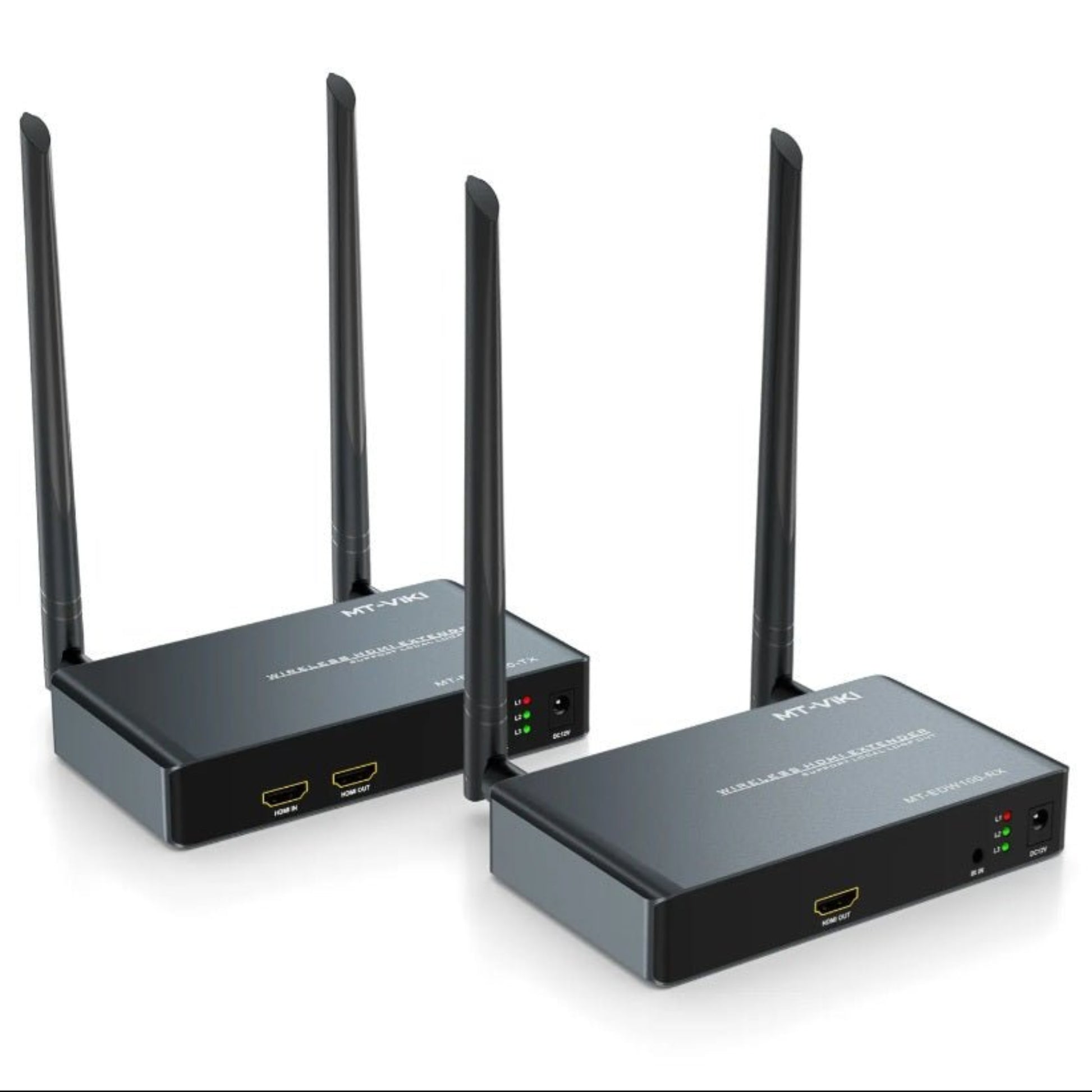 MT-VIKI MT-EDW100 Wireless HDMI Extender with antennas, supports 1080P video transmission up to 100 meters.