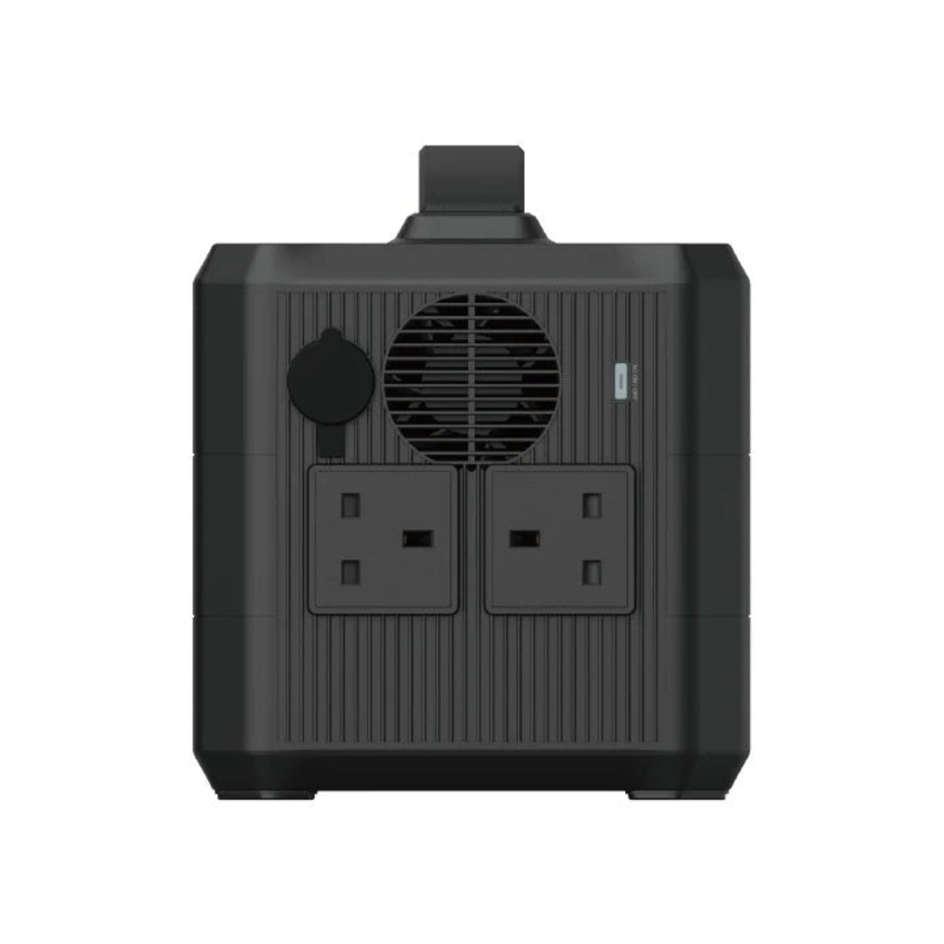 Maxpower VG9860F portable power station front view showing dual outlets and ventilation fan.