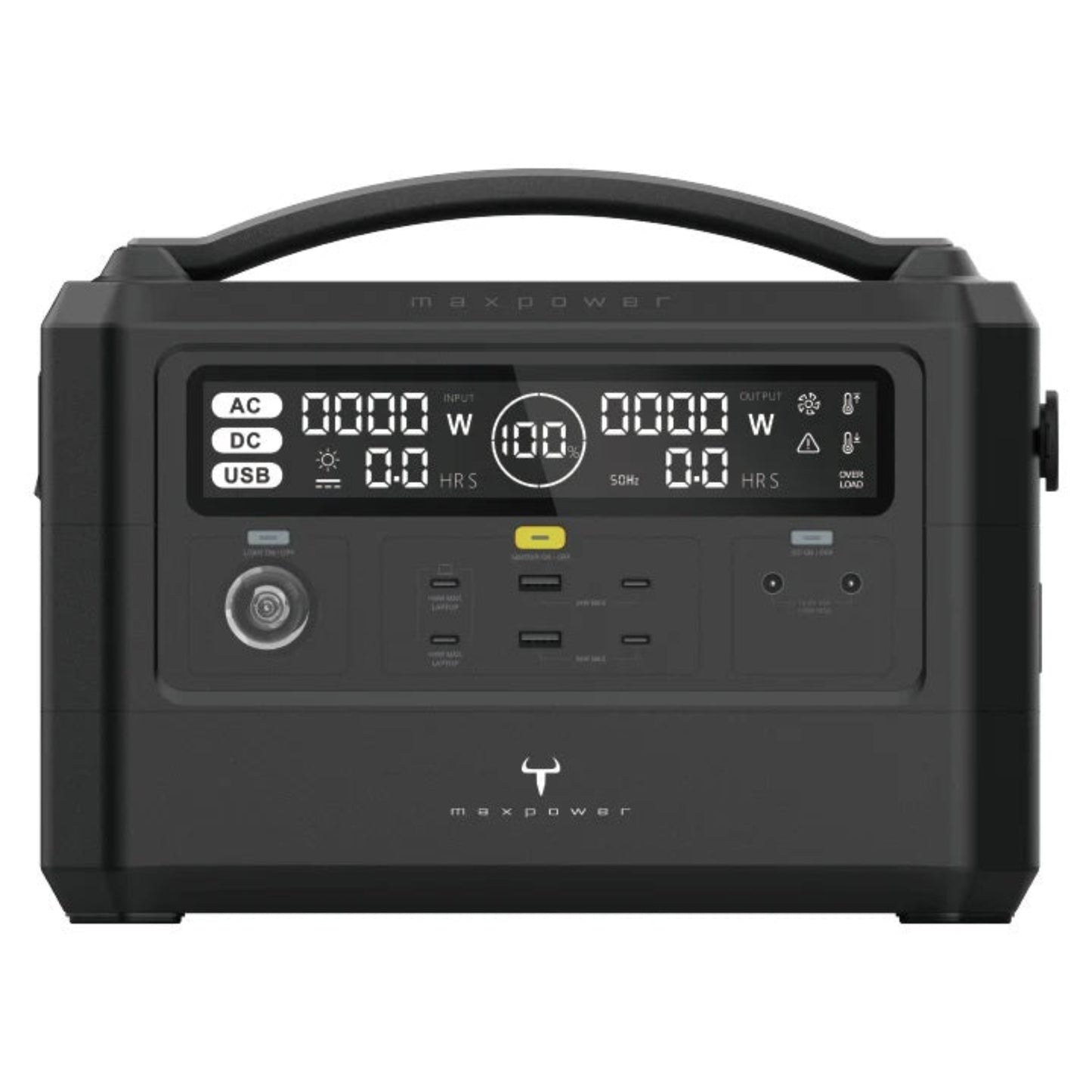 Maxpower VG9860F 800W power station with display and ports, ideal for outdoor and emergency power needs.