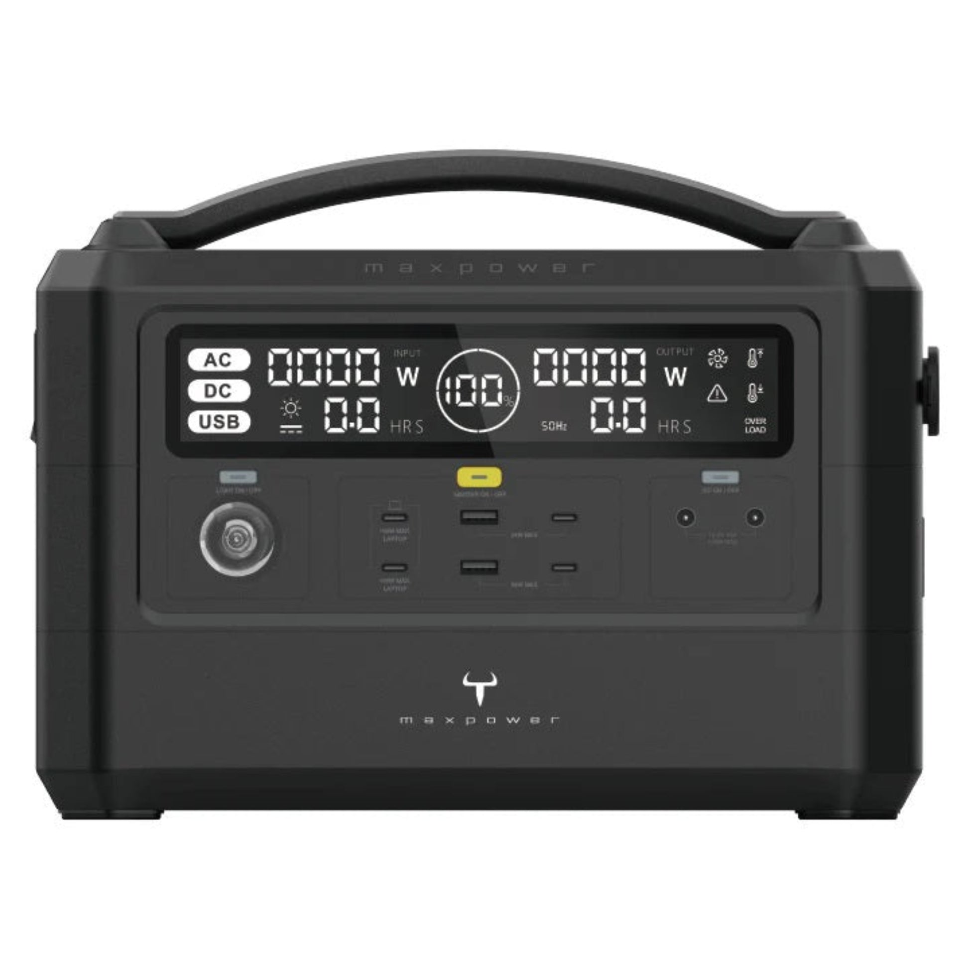 Maxpower VG9860F 800W power station with display and ports, ideal for outdoor and emergency power needs.