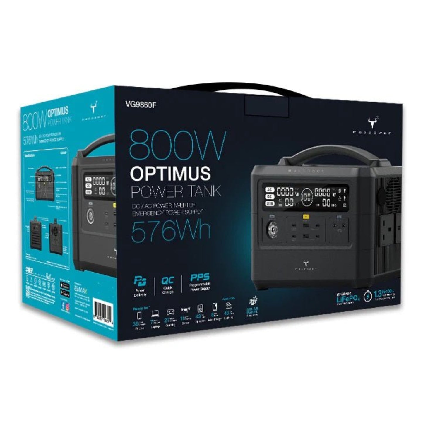 Maxpower VG9860F 800W Optimus Portable Power Station packaging with specs and features.