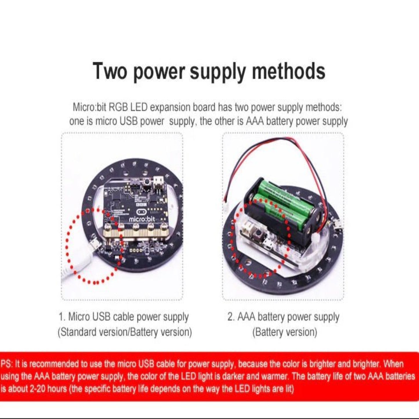 Micro:bit RGB LED expansion board showcasing two power supply methods: USB cable and AAA battery options.