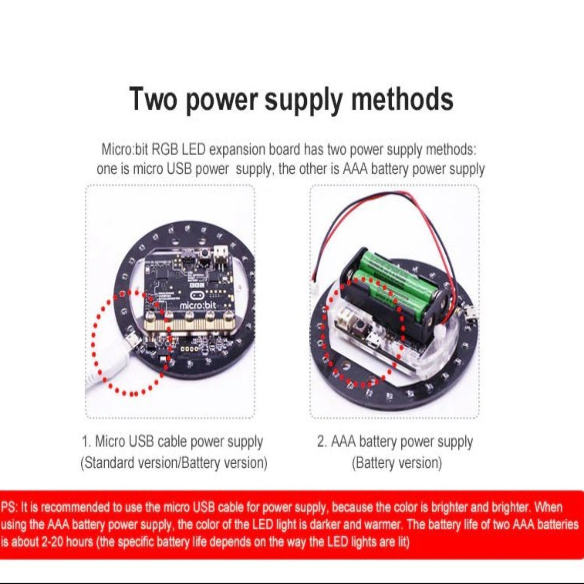 Micro:bit RGB LED expansion board showcasing two power supply methods: USB cable and AAA battery options.