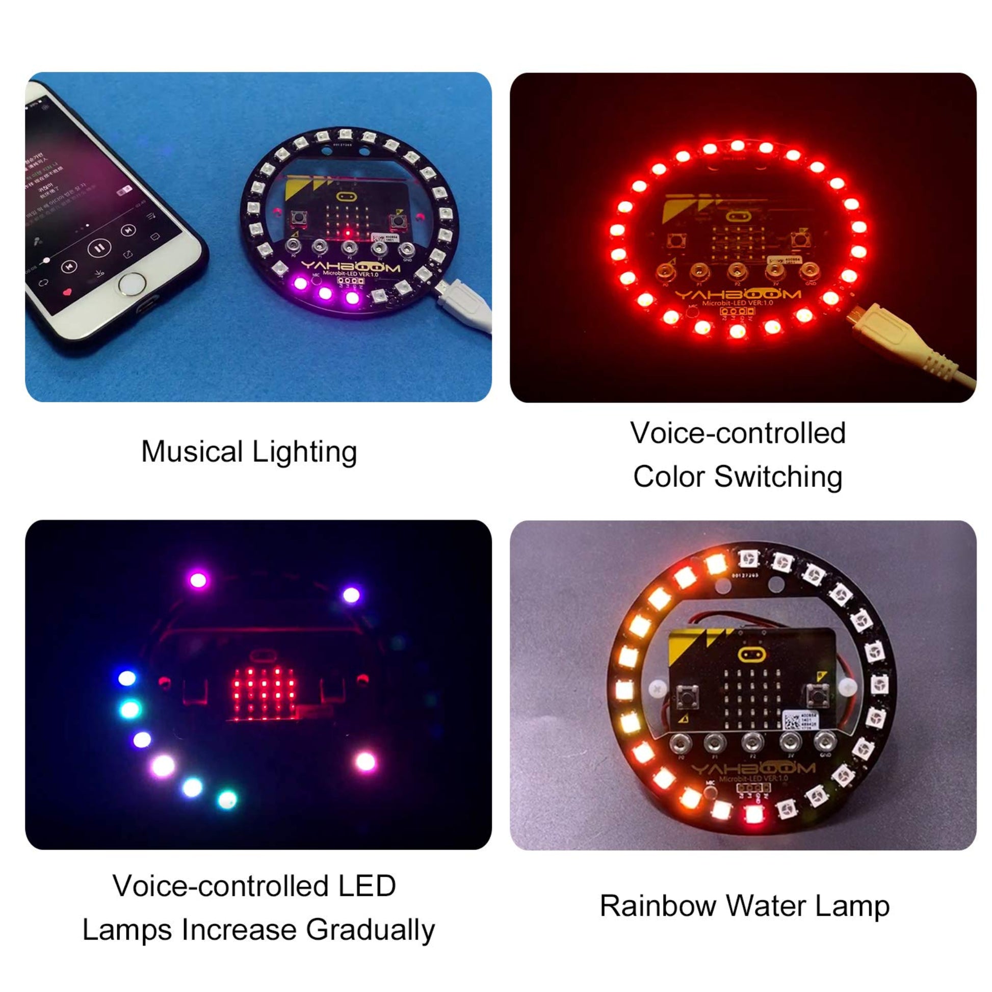 Micro:bit V2 RGB ring LED set showcasing musical and voice-controlled lighting features.