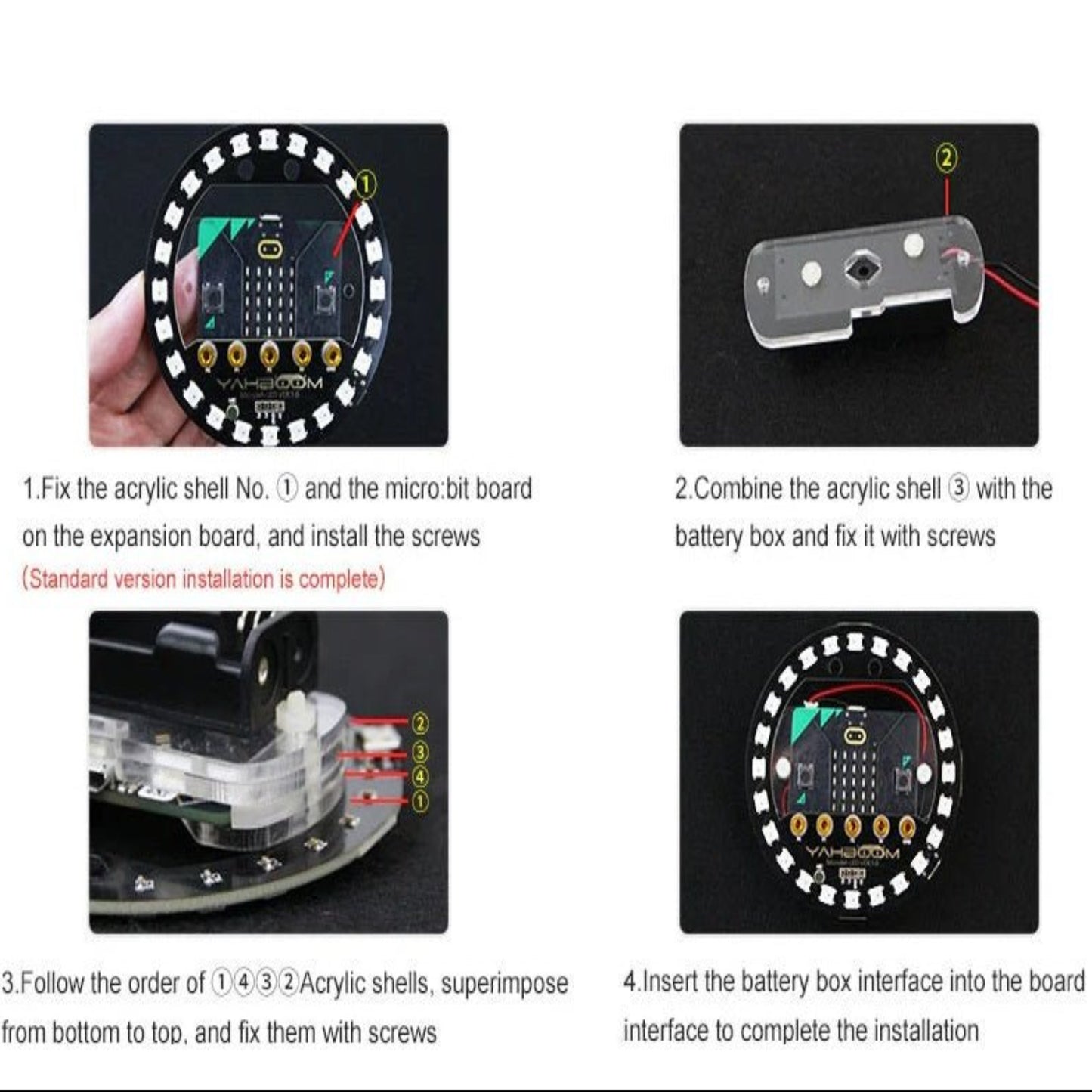 Installation guide for Micro:bit V2 RGB LED expansion board with steps and acrylic shell assembly.