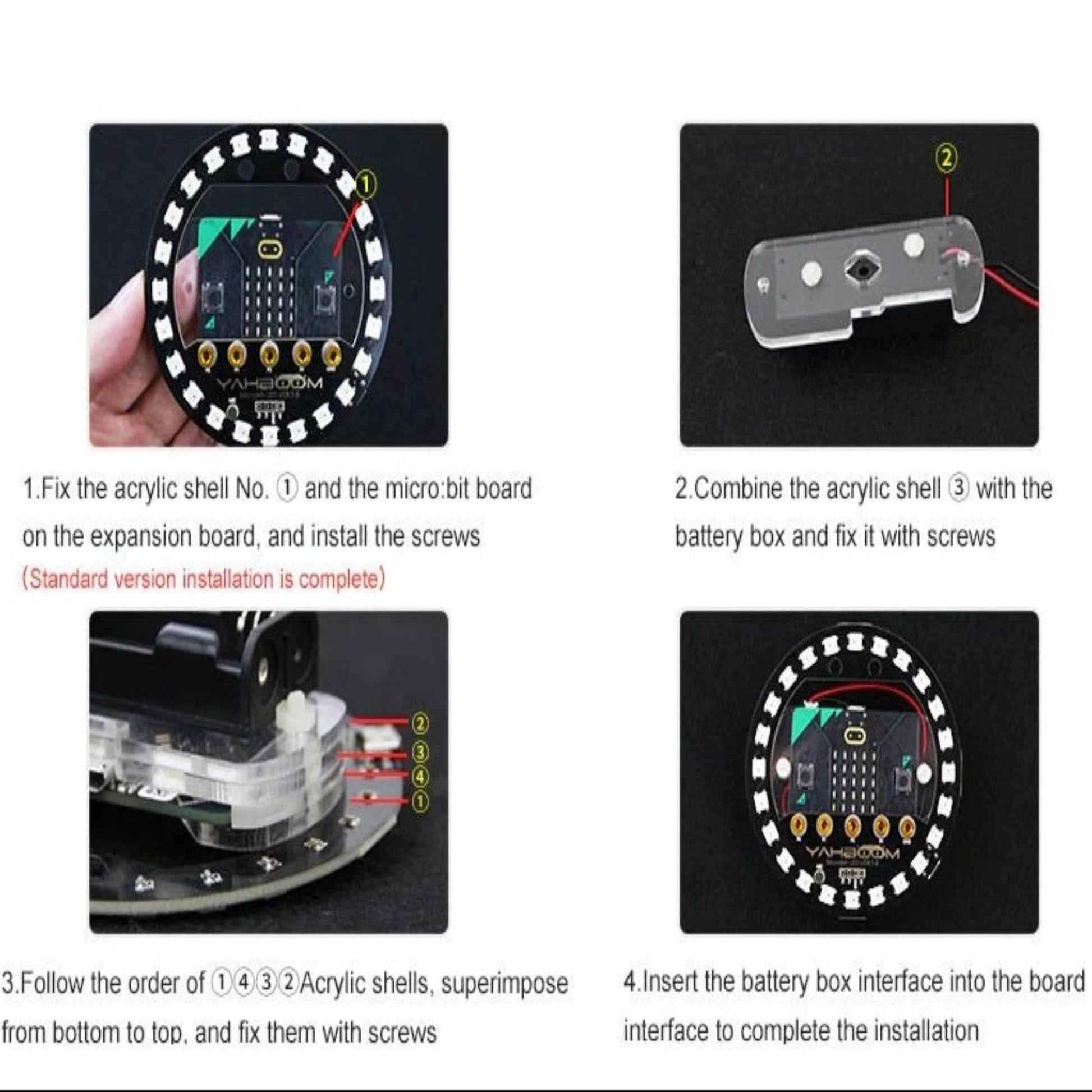 Installation guide for Micro:bit V2 RGB LED expansion board with steps and acrylic shell assembly.