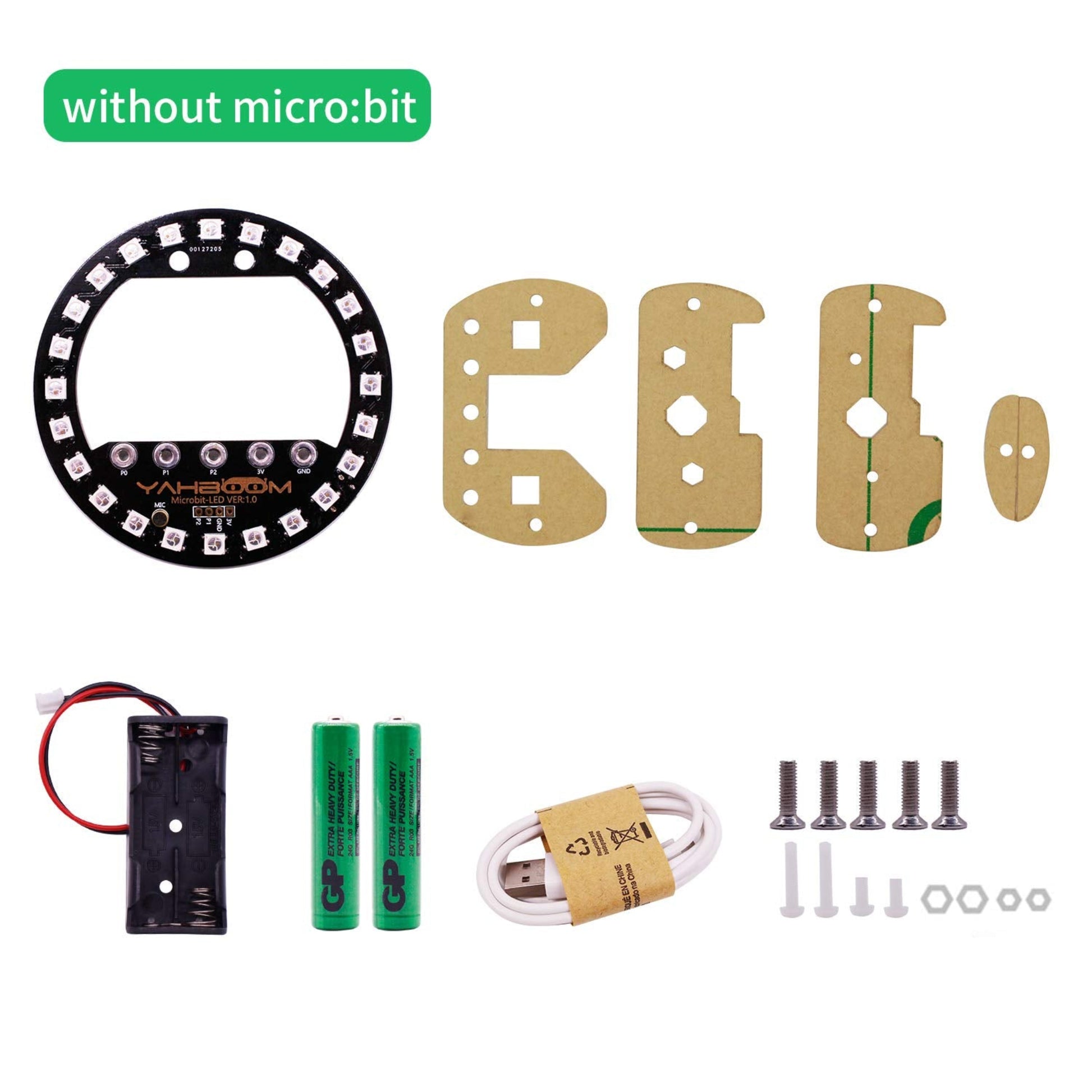 Micro:bit V2 RGB Ring LED Set components, including RGB board, battery holder, USB cable, and screws, without micro:bit included.