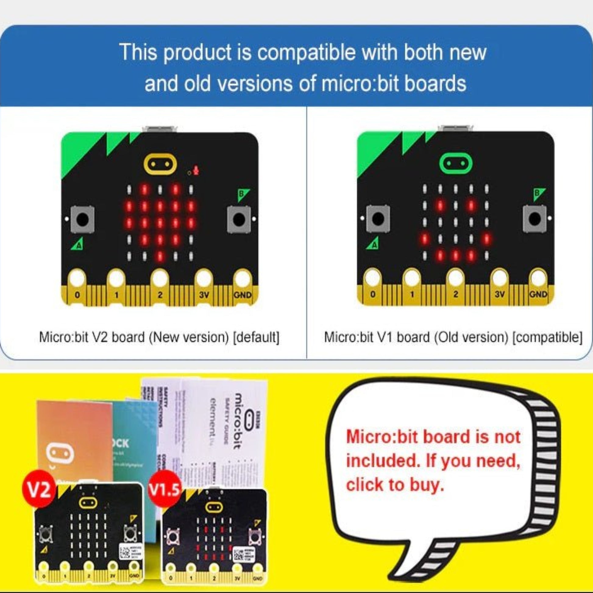 Comparison of Micro:bit V2 and V1 boards showcasing compatibility with RGB LED expansion board.