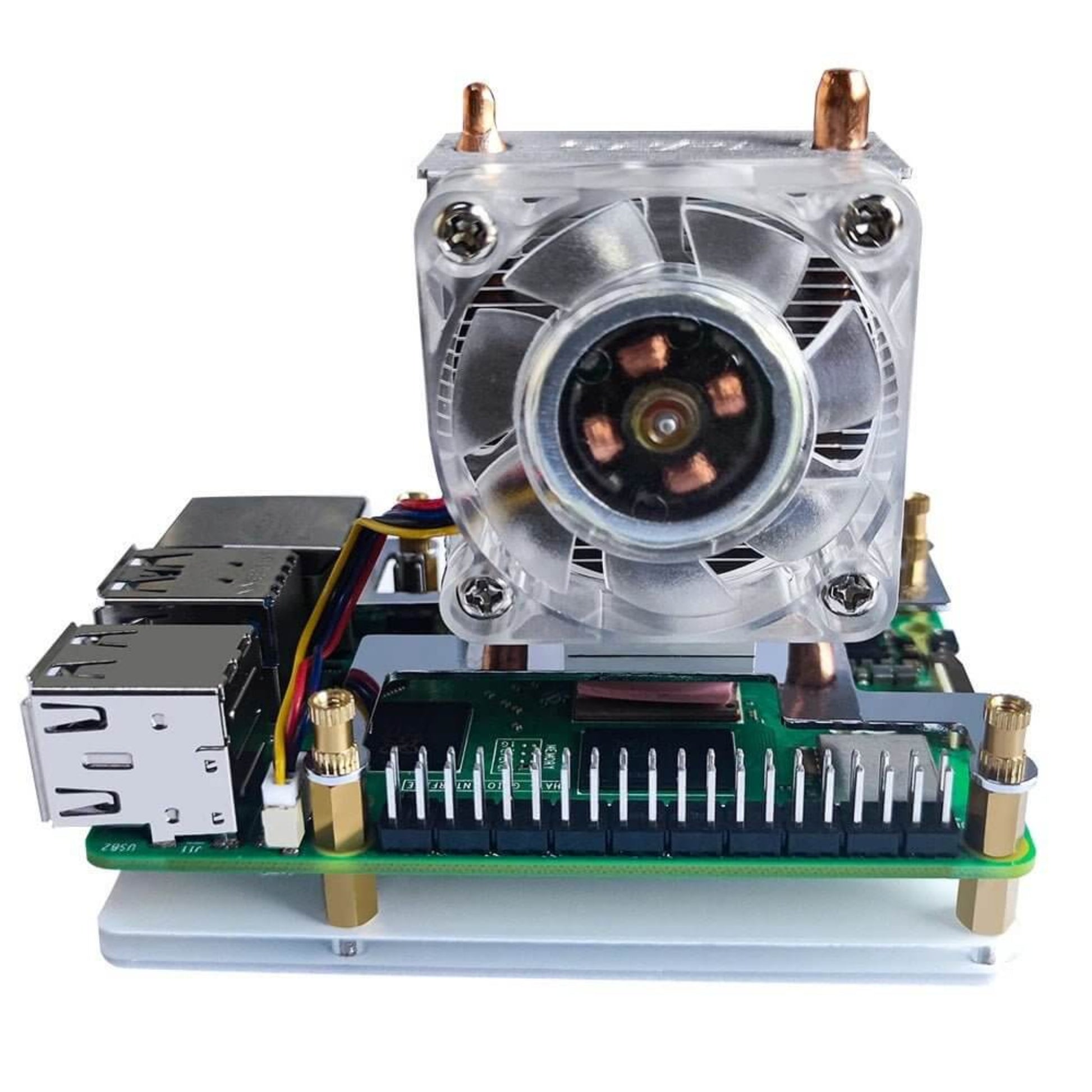 ICE Tower Cooler for Raspberry Pi 5 with copper tube, CPU radiator, and PWM RGB LED cooling fan.