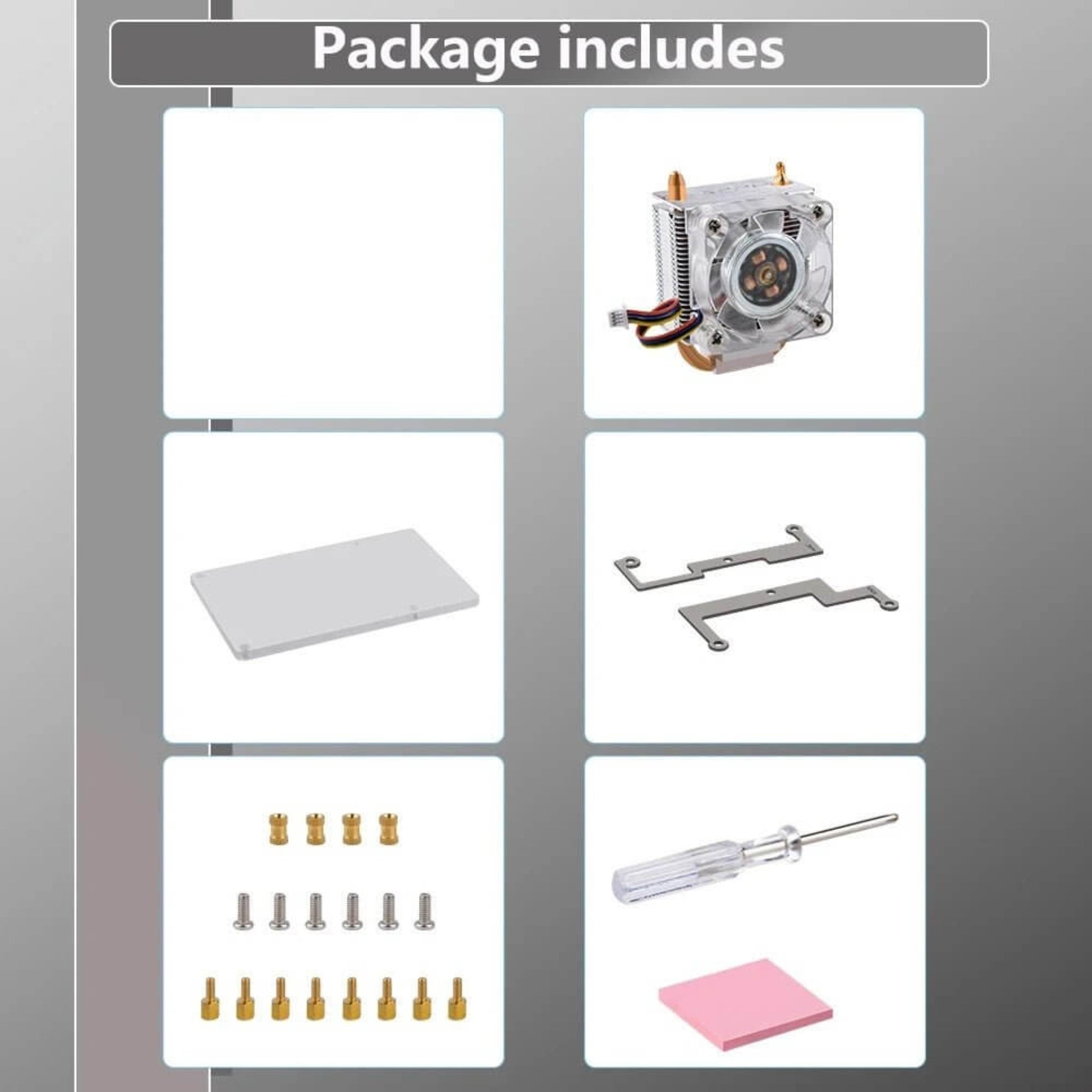 Package contents for ICE Tower Cooler for Raspberry Pi 5 including CPU radiator, mounting hardware, and screwdriver.