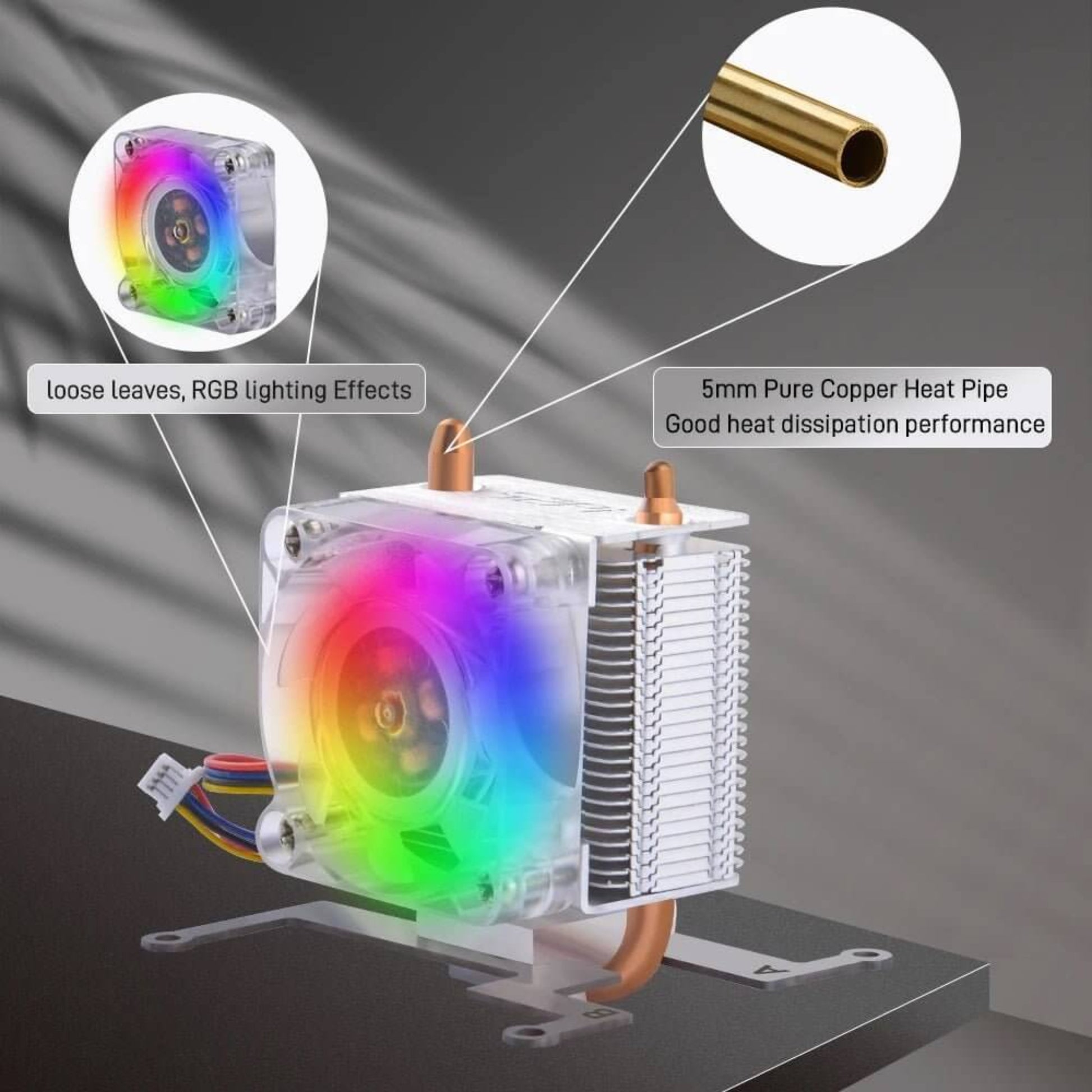 Ice Tower Cooler for Raspberry Pi 5 with RGB lighting and copper heat pipe for effective cooling performance.