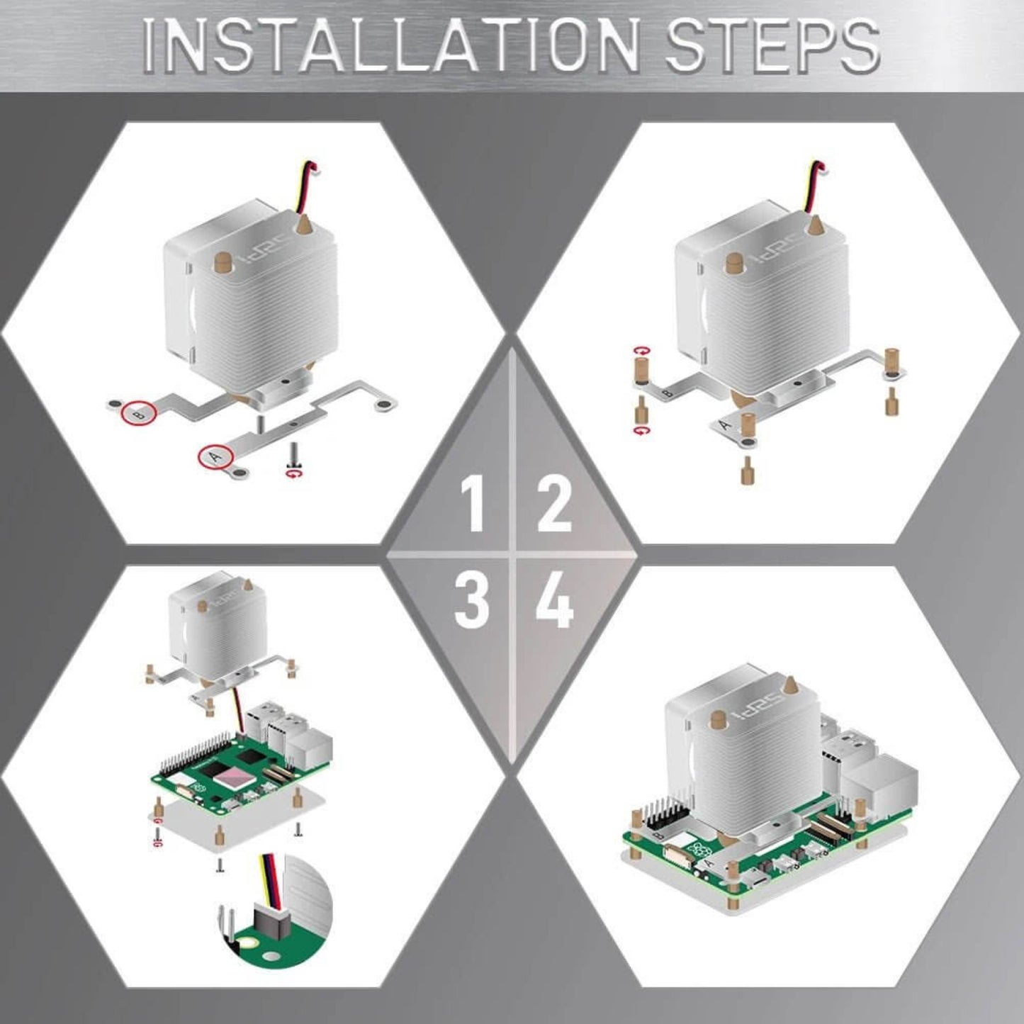 Installation steps for ICE Tower Cooler on Raspberry Pi 5, detailing each phase with visuals for easy assembly.
