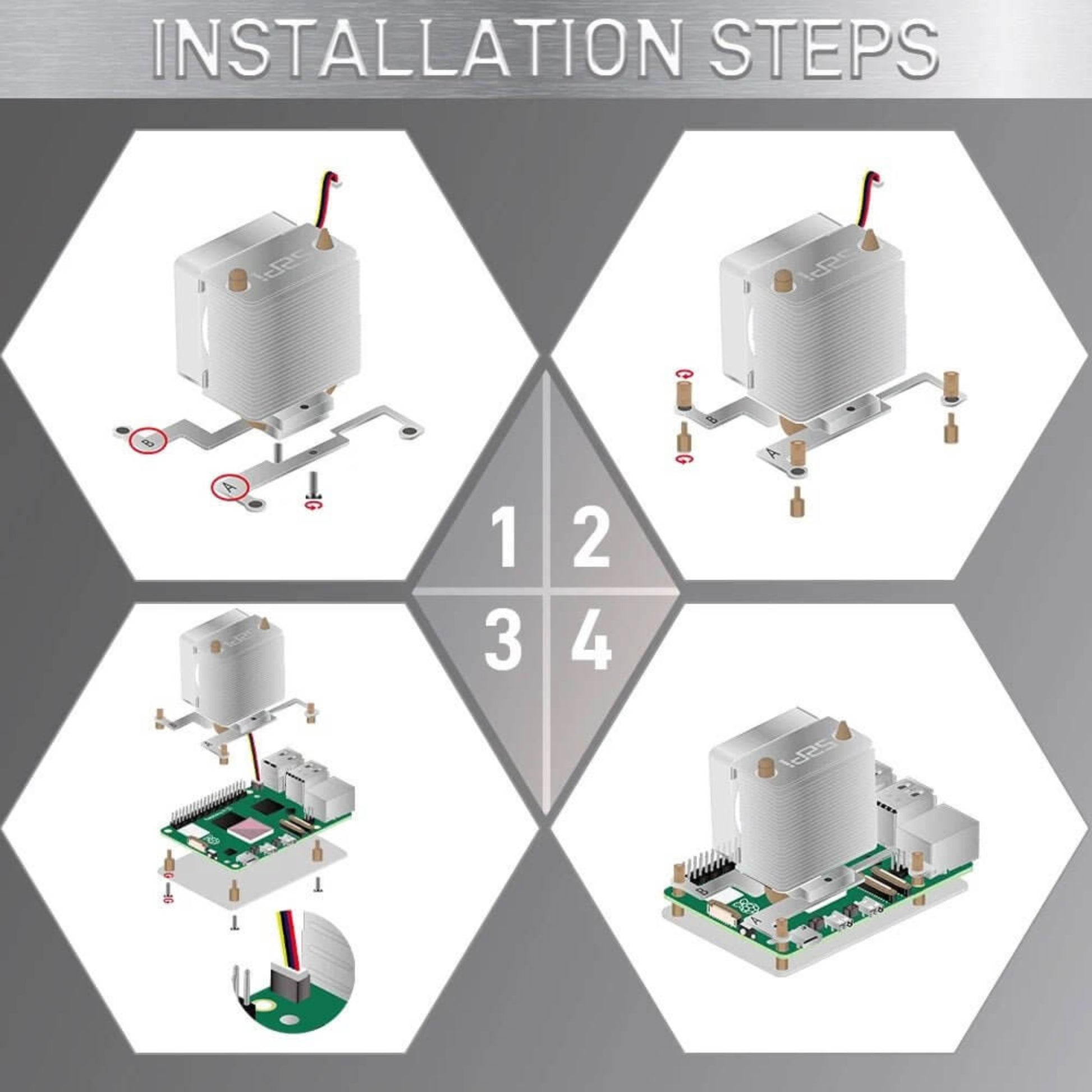 Installation steps for ICE Tower Cooler on Raspberry Pi 5, detailing each phase with visuals for easy assembly.