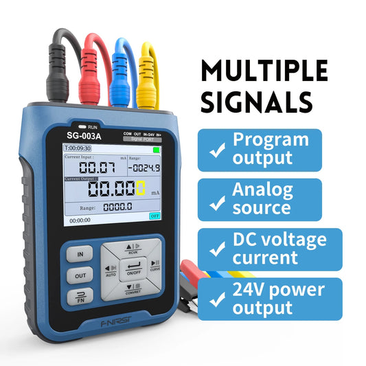 FNIRSI SG-003A signal generator displaying multiple signal outputs, including program, analog, DC voltage, and 24V power.