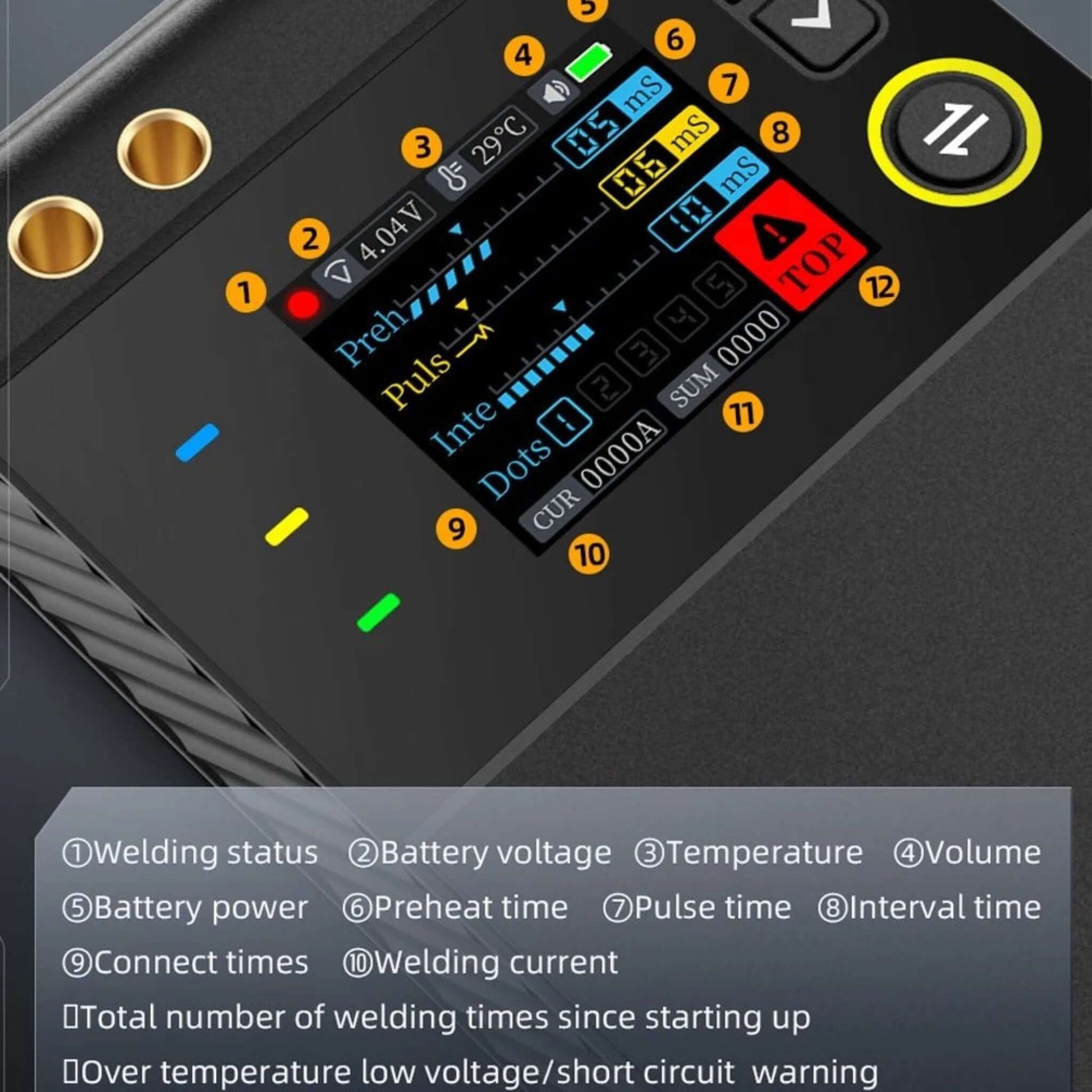 FNIRSI SWM-10 Portable Spot Welder TFT screen showing battery status, temperature, and pulse settings for precision welding.