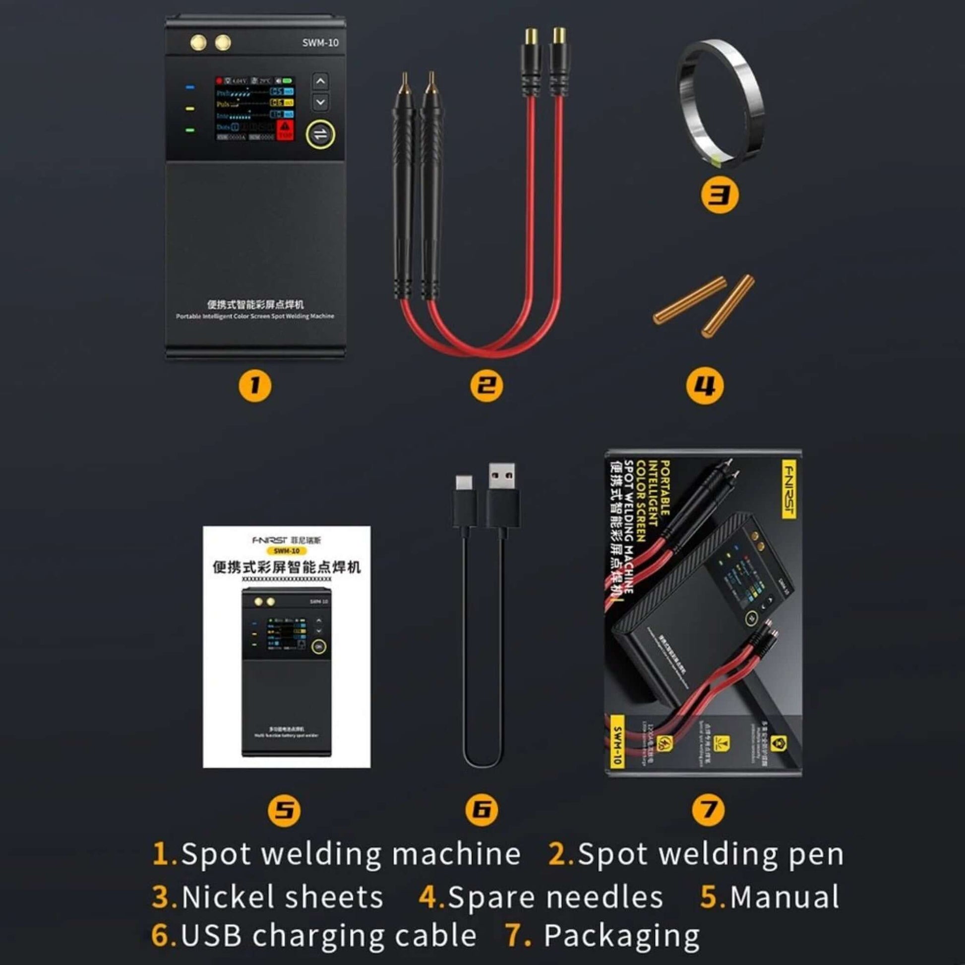 FNIRSI SWM-10 Portable Spot Welder kit with machine, welding pen, nickel sheets, spare needles, and USB charging cable.