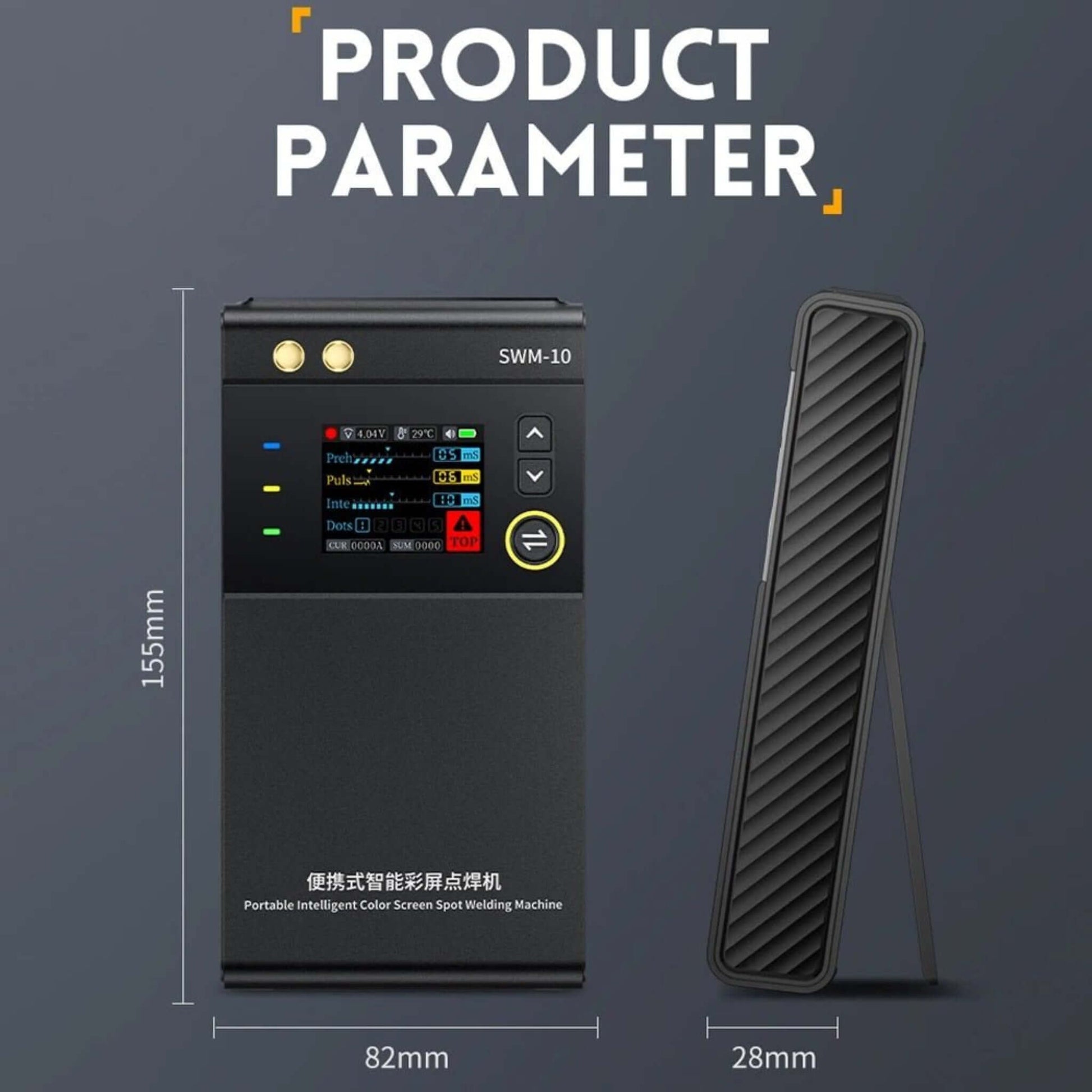 FNIRSI SWM-10 portable spot welder display with TFT screen and product parameters shown.