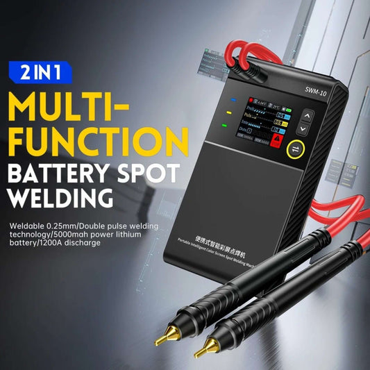 FNIRSI SWM-10 portable spot welder with dual-pulse technology and TFT screen, 2-in-1 multifunction tool.
