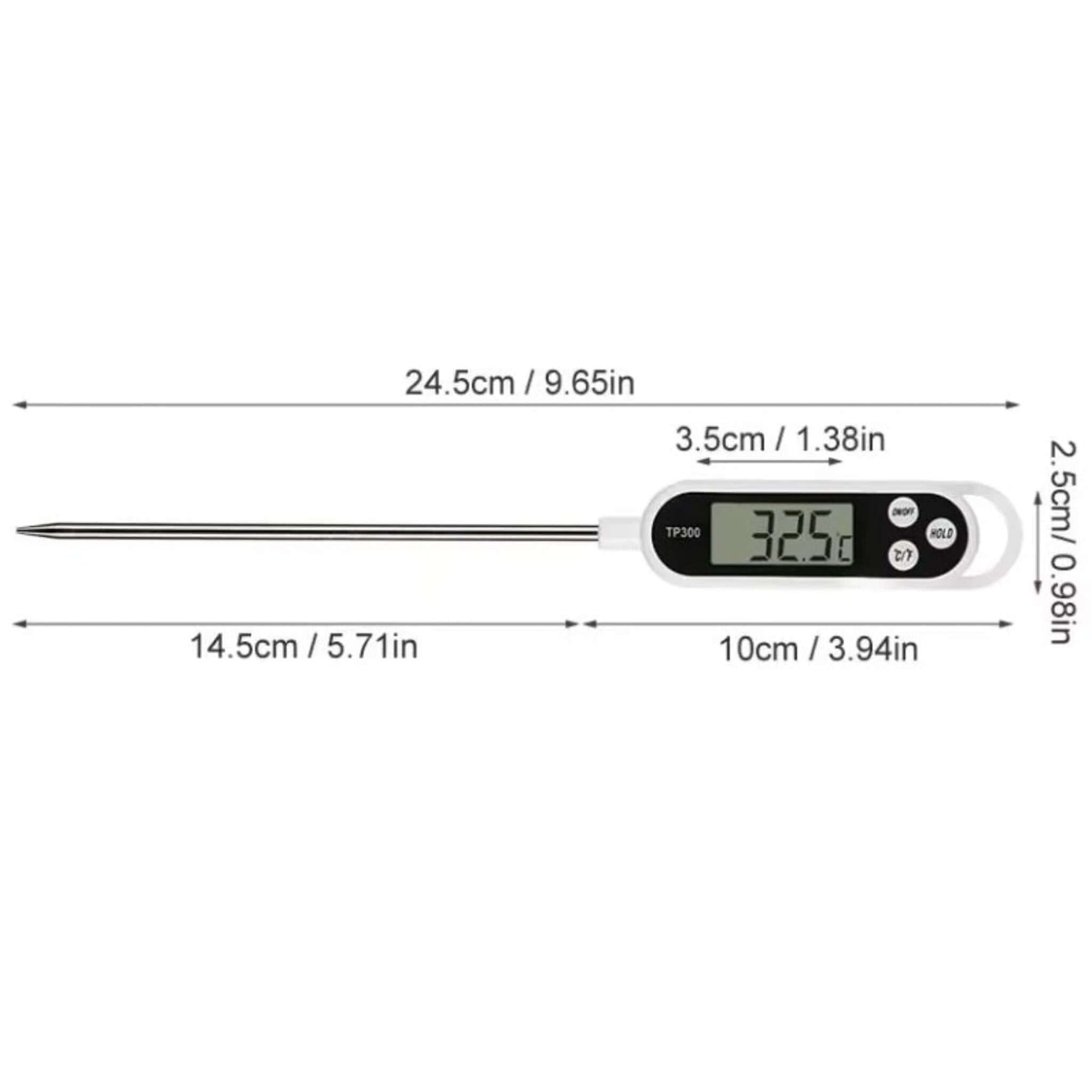 Digital Food Thermometer TP300 displaying temperature reading and dimensions for perfect cooking results.