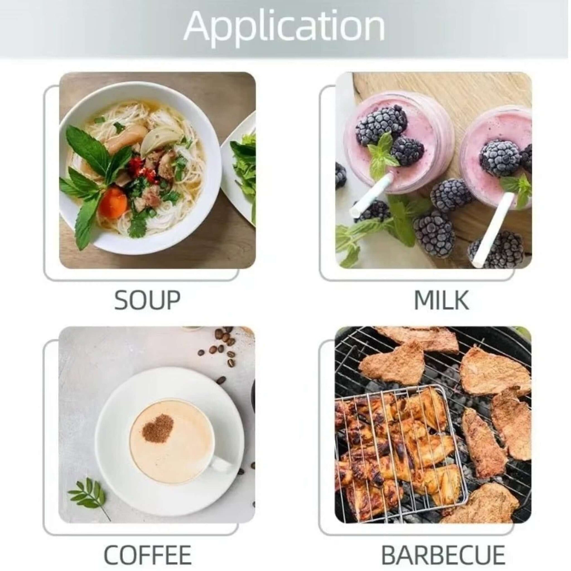 Collage of food applications for the TP300 thermometer: soup, milk, coffee, and barbecue.