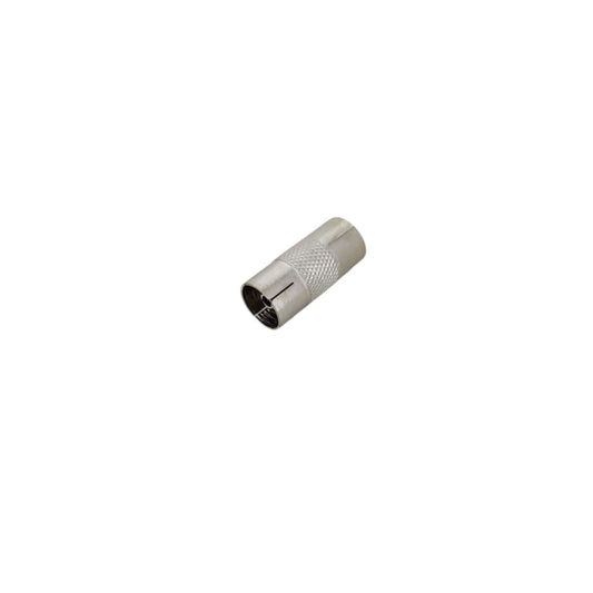 Female to Female TV Coax Aerial Adapter for connecting RF cables, compact design for secure signal transmission.