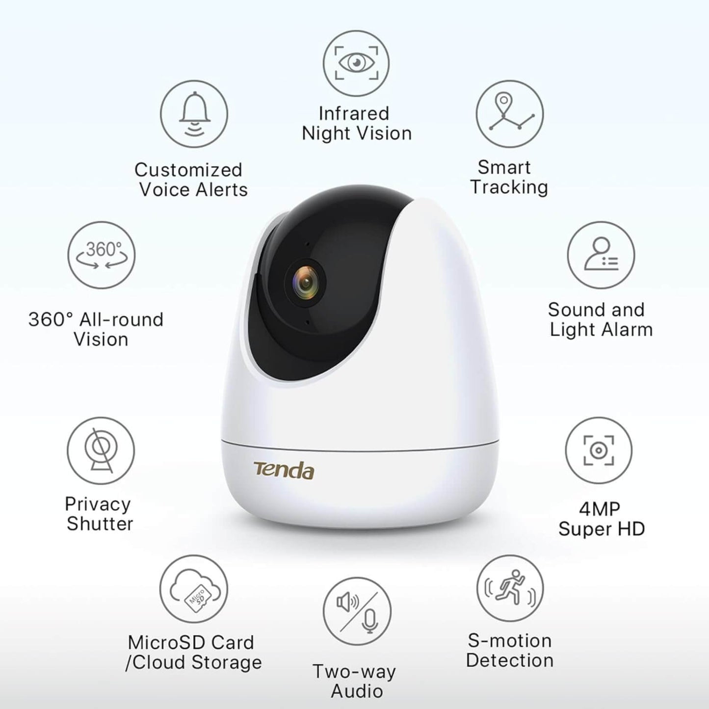 Tenda CP7 2.5K security camera with 360° vision, night vision, two-way audio, and smart tracking features.