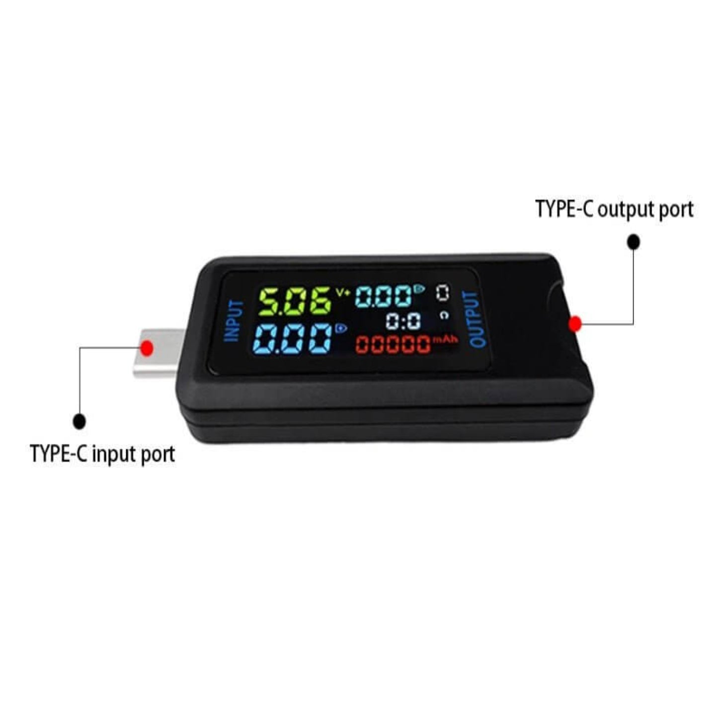 Type-C USB tester volmeter ammeter with digital display, showing input and output ports for device charging analysis.