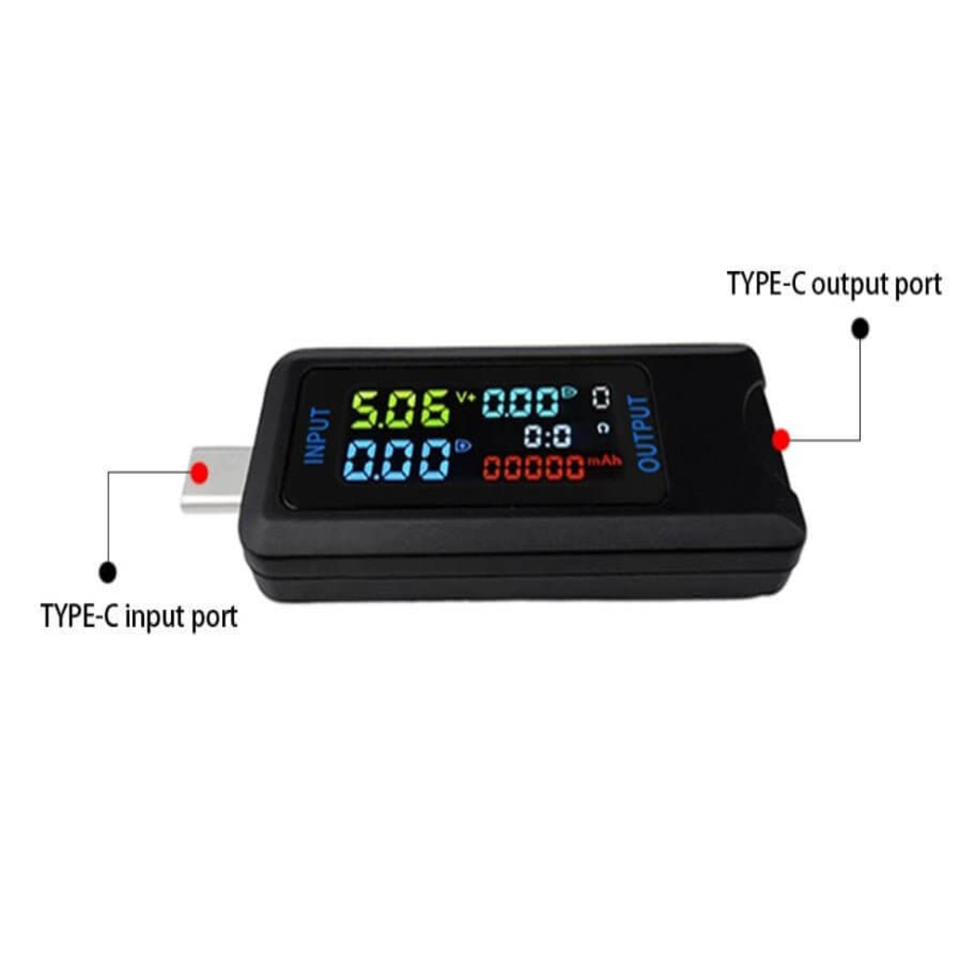 Type-C USB tester volmeter ammeter with digital display, showing input and output ports for device charging analysis.
