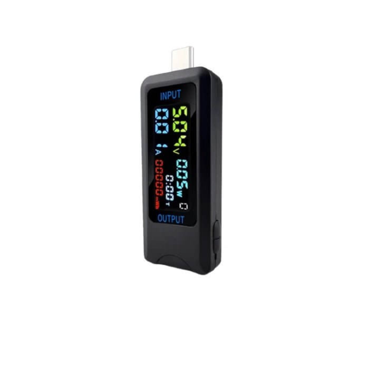 Type-C USB tester digital voltmeter ammeter with input and output display for monitoring charging performance.