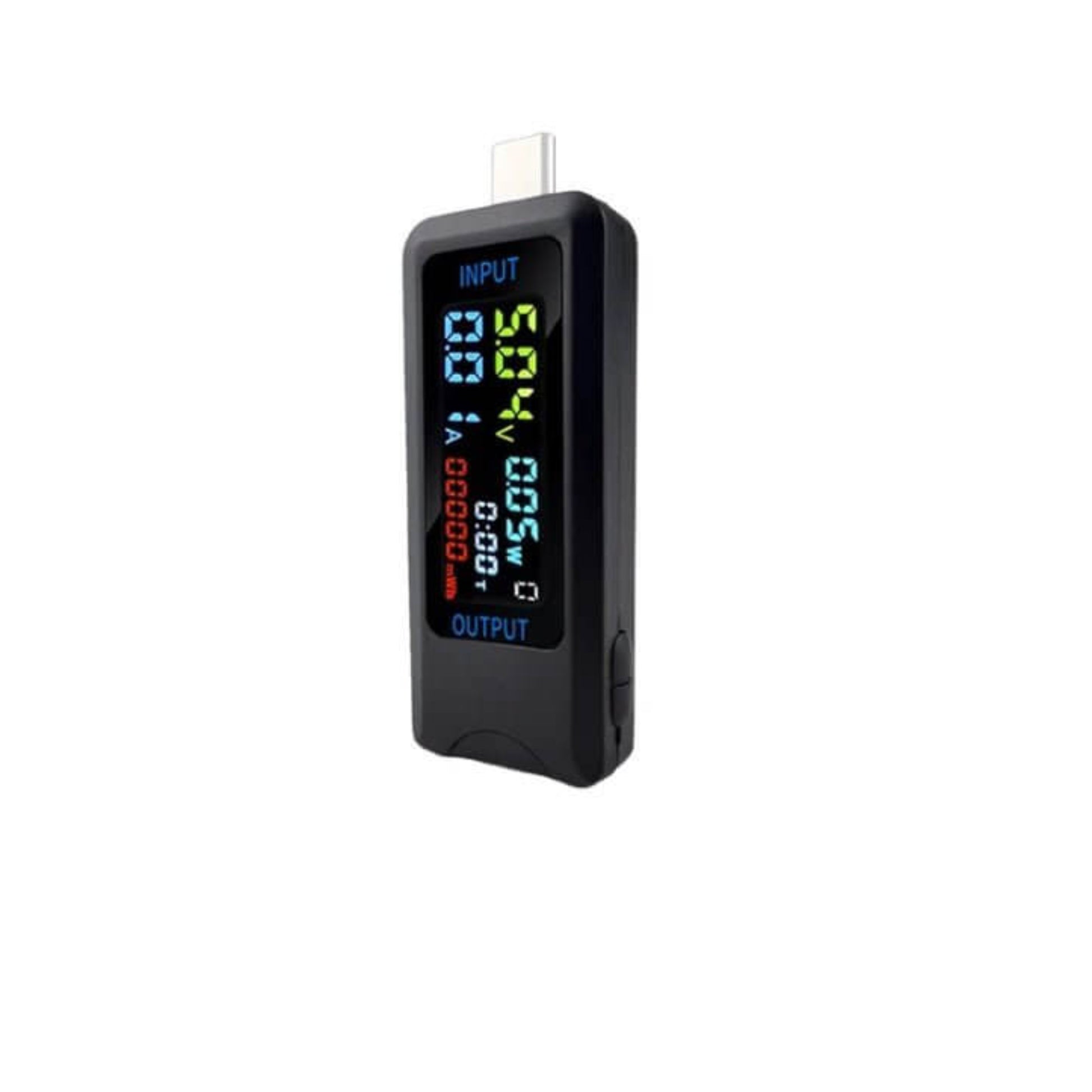 Type-C USB tester digital voltmeter ammeter with input and output display for monitoring charging performance.