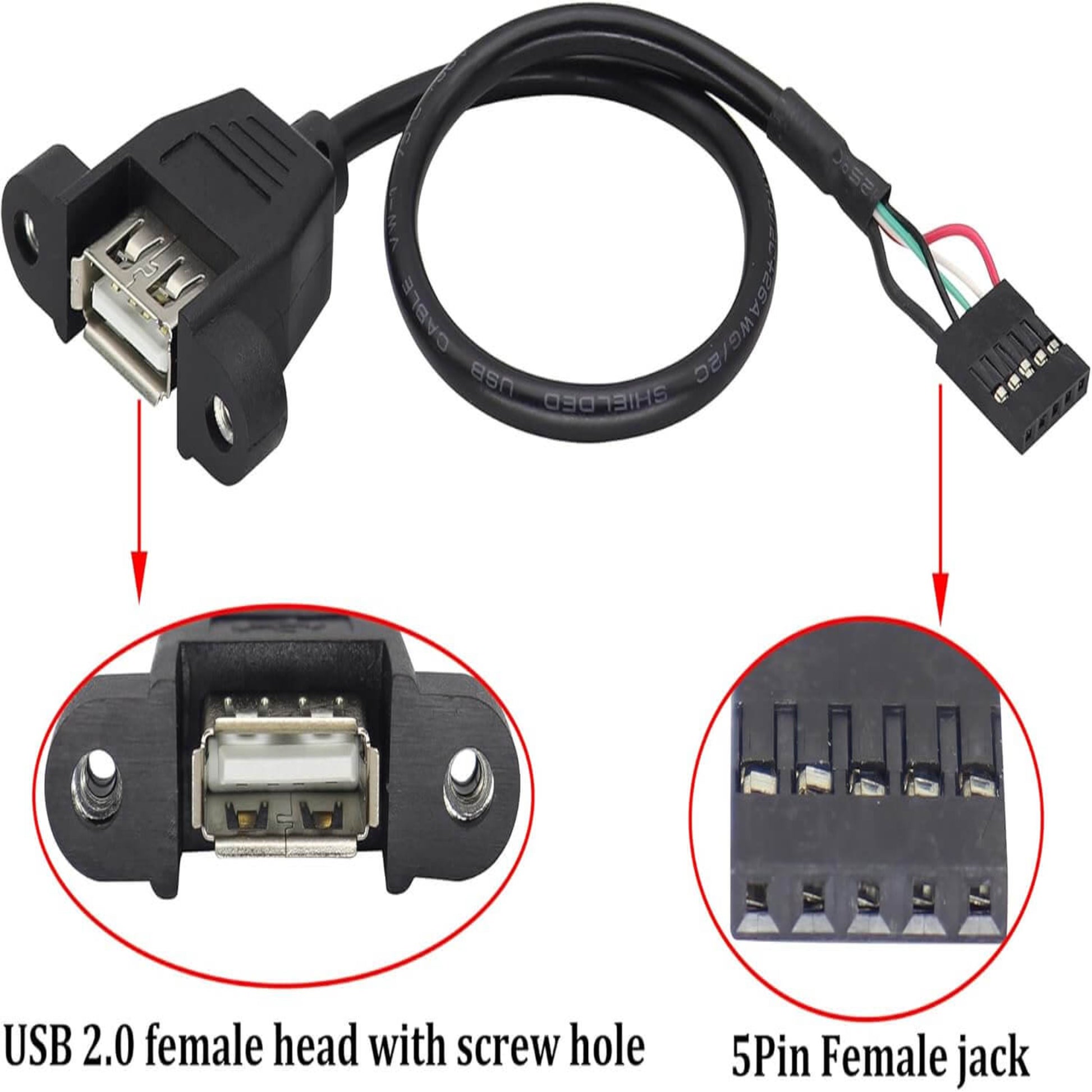 USB 2.0 to Dupont 5Pin adapter cable with female head and 5Pin female jack for motherboard connectivity.