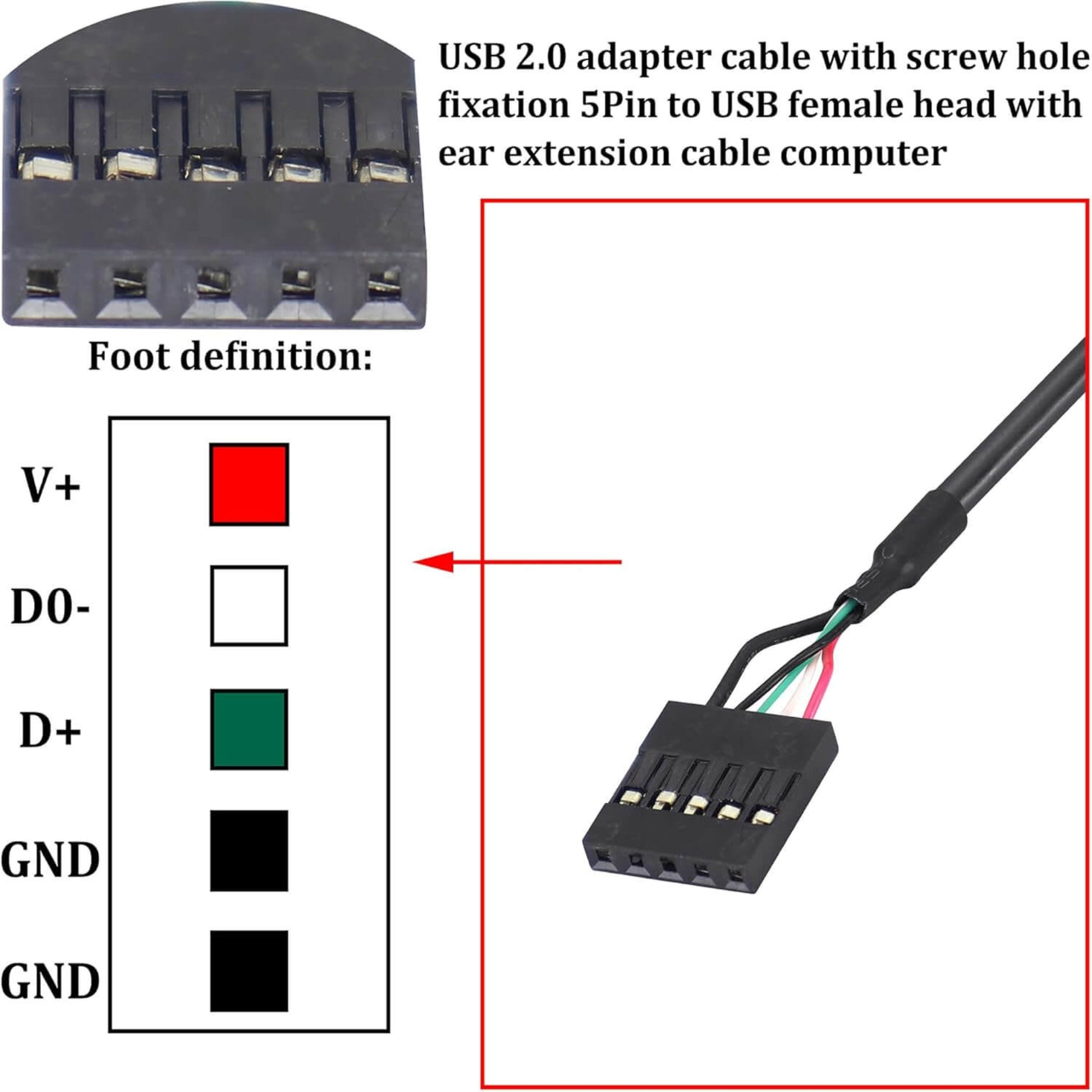 USB 2.0 to Dupont 5Pin adapter cable with color-coded connections for board integration and extension.