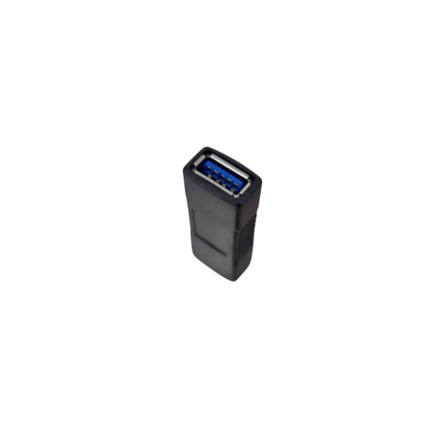 USB 3.0 Female to Female Extension Adapter in black, compact design for extending USB cable reach.