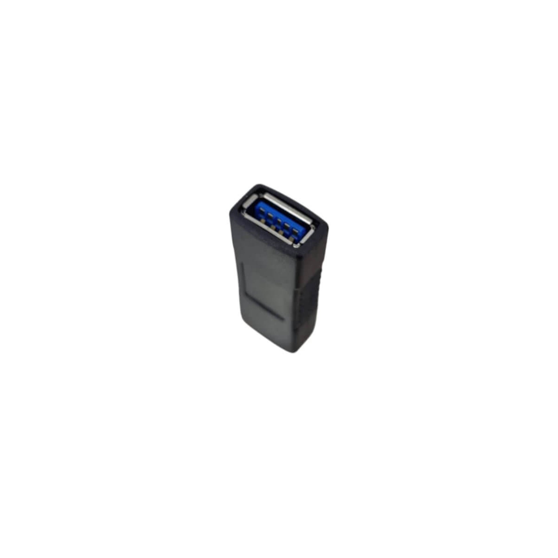 USB 3.0 Female to Female Extension Adapter in black, compact design for extending USB cable reach.