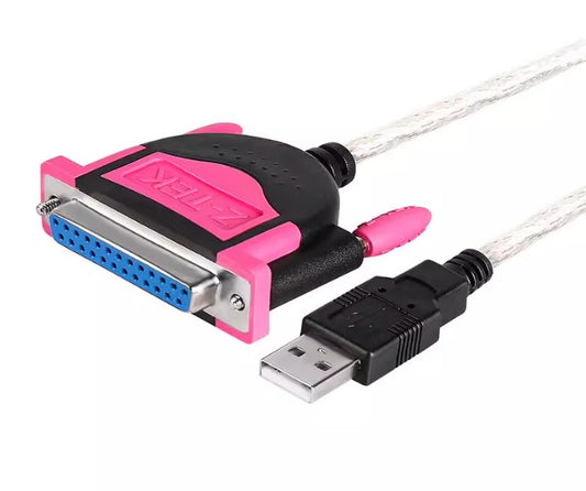 Z-Tek USB 轉 Parallel 連接線的特寫鏡頭，展示粉紅色DB25接頭（25針）和黑色USB-A接頭，連接白色透明編織線材，顯示Z-TEK品牌標誌和產品設計細節。