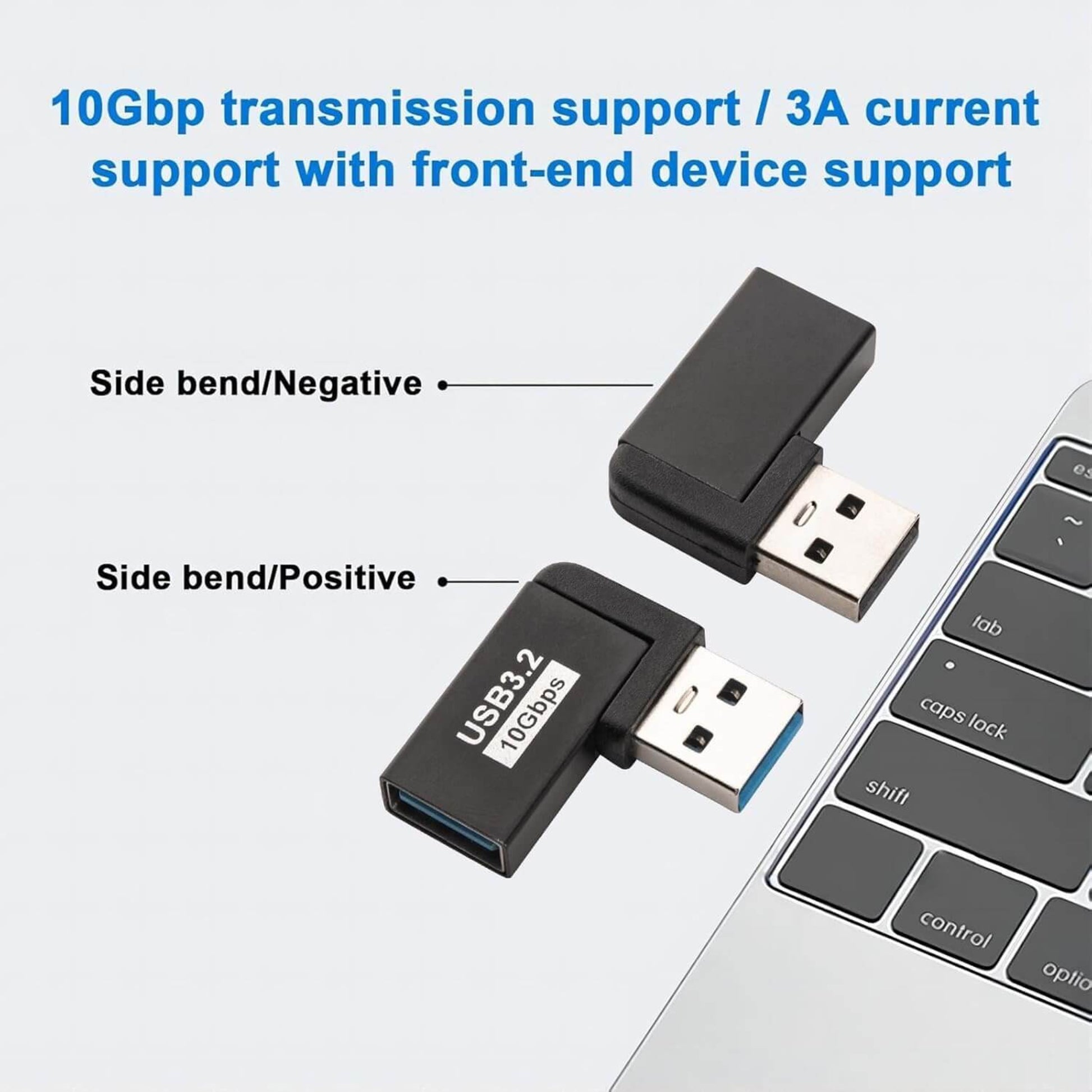 USB 3.2 L-shaped adapter with 10Gbps support, showcasing left and right angle connections next to a laptop.