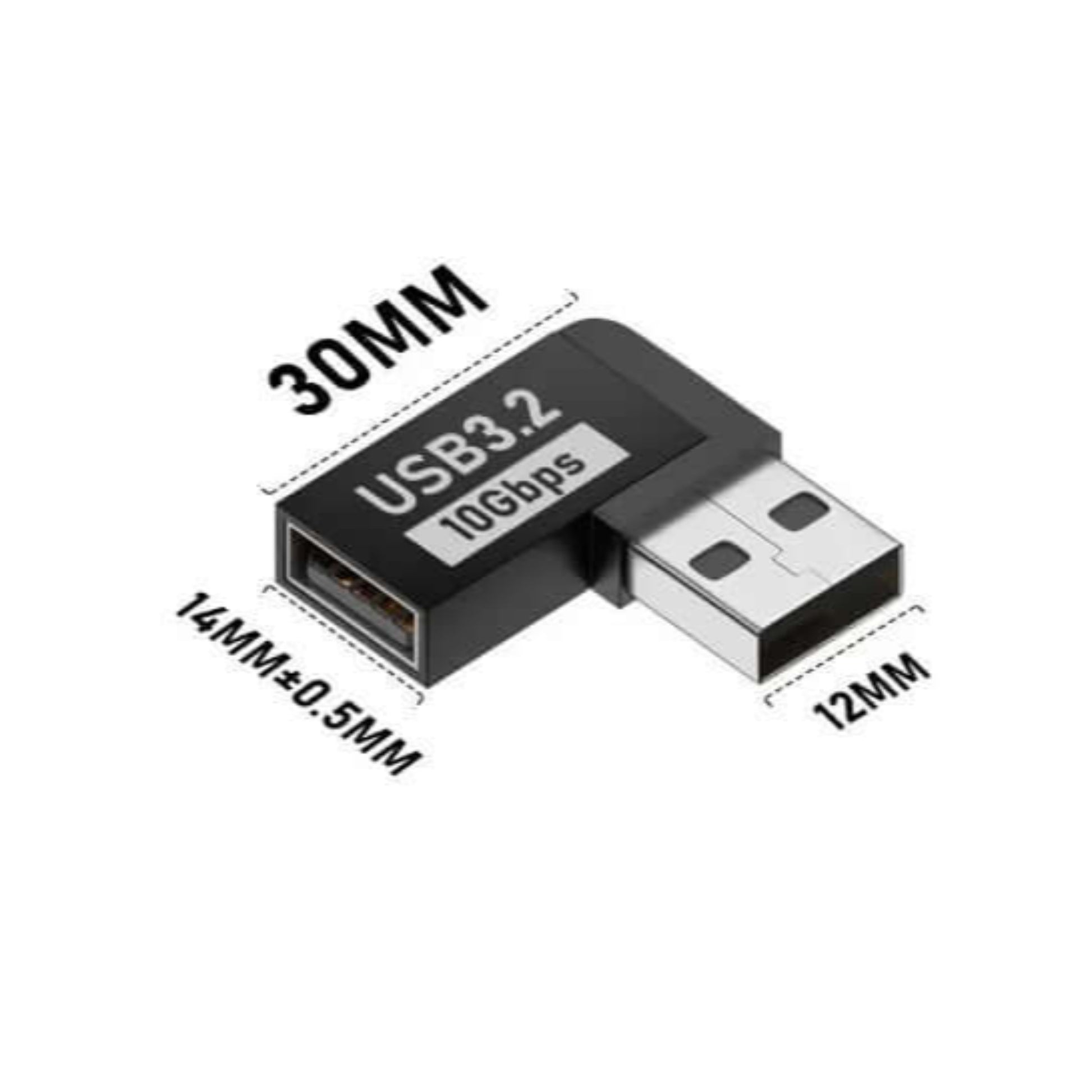 USB 3.2 L-Shaped Adapter showcasing left angle design with dimensions for effective cable management.