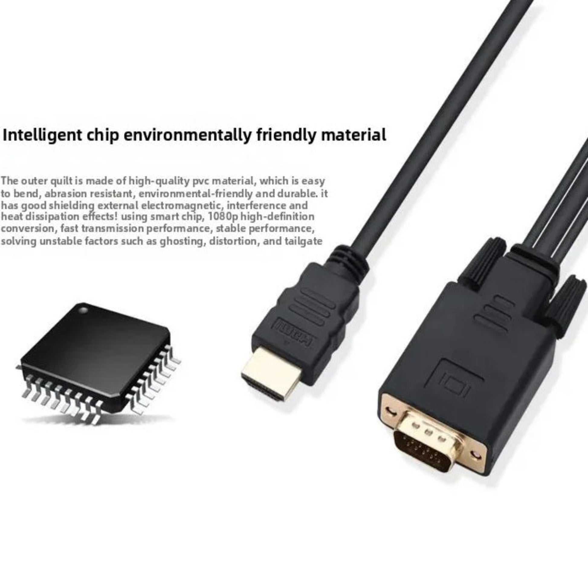 Close-up of the VGA to HDMI adapter cable highlighting its intelligent conversion chip and durable, environmentally friendly PVC material.