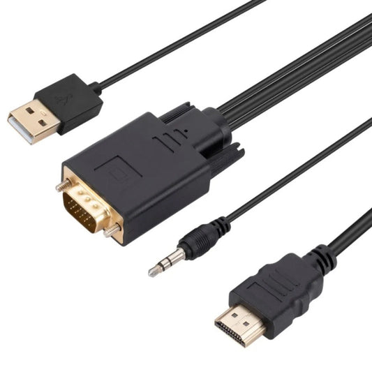 High-definition VGA to HDMI adapter cable with USB power and audio converter for connecting computers to TVs and monitors.