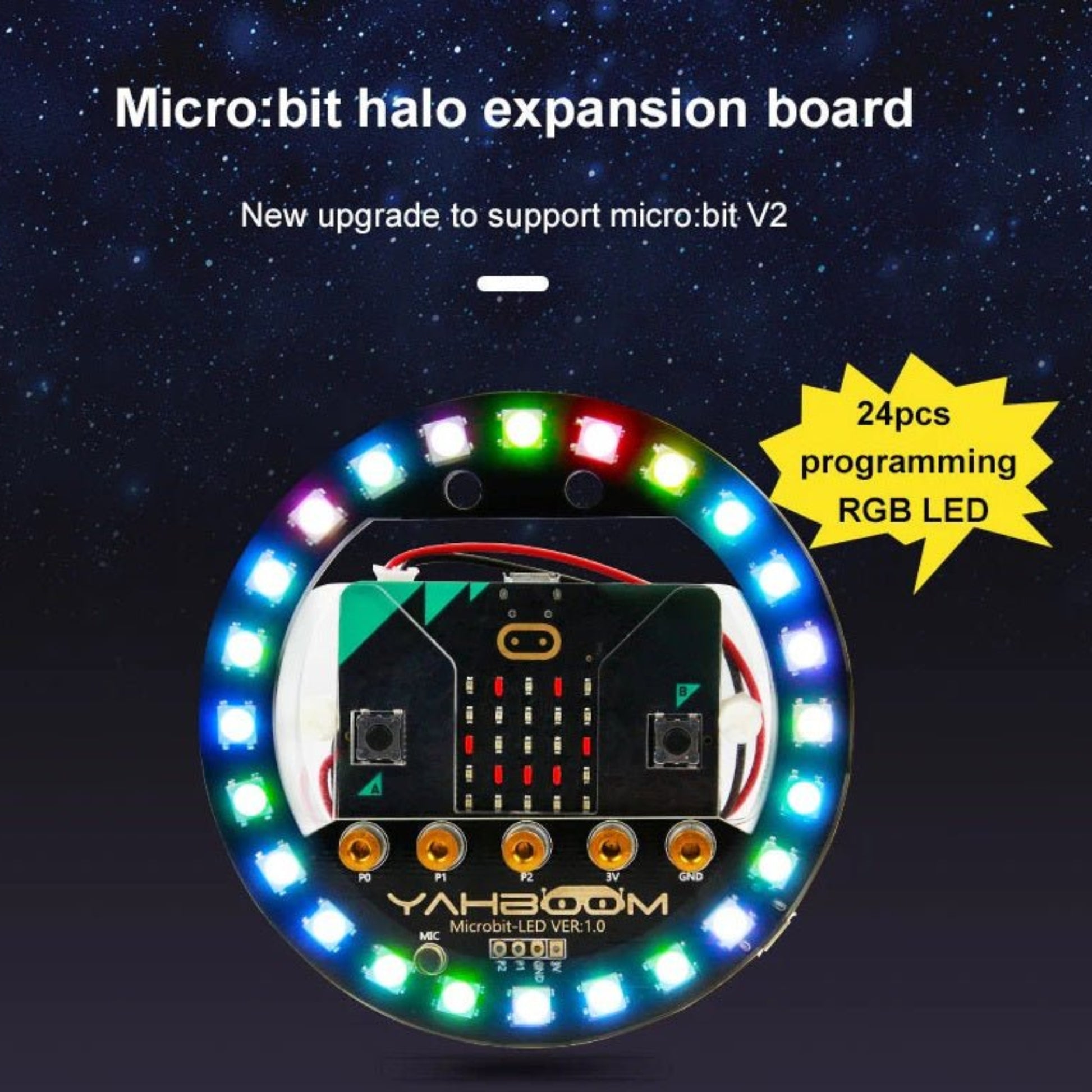 Micro:bit V2 RGB ring expansion board with 24 programmable RGB LEDs for robotics and STEM education.