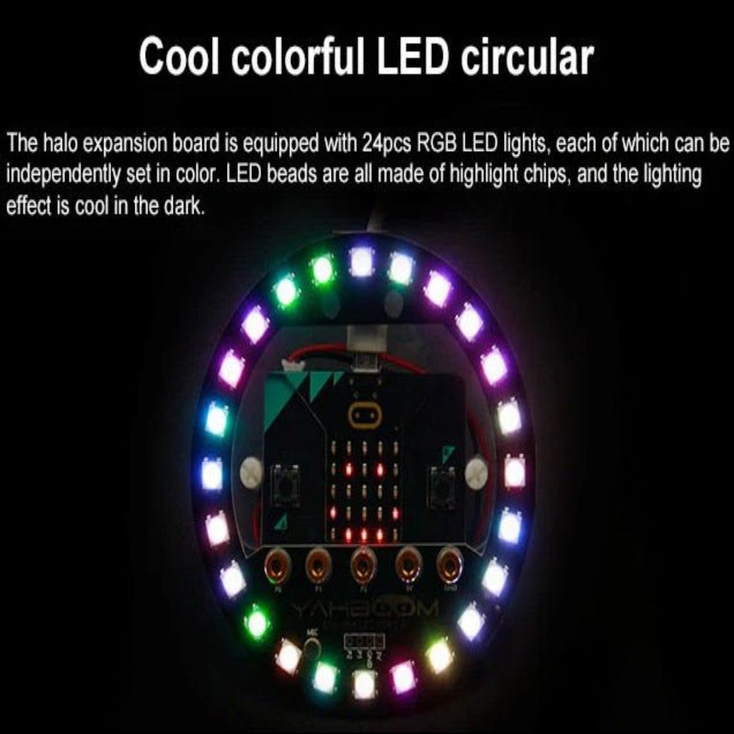 Micro:bit V2 RGB LED expansion board with 24 programmable lights showcasing colorful effects.
