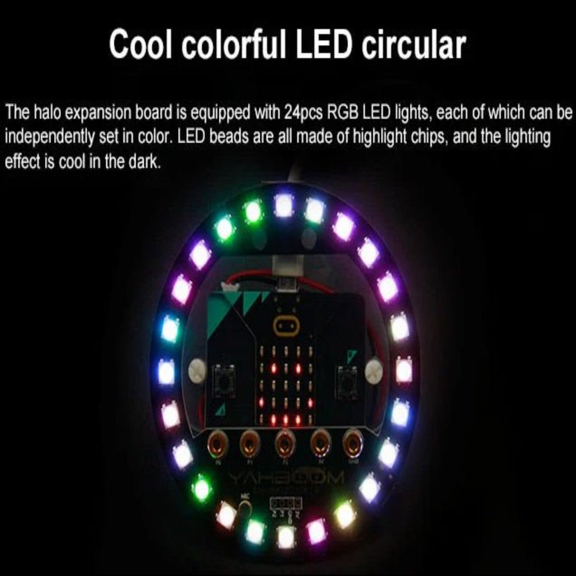 Micro:bit V2 RGB LED expansion board with 24 programmable lights showcasing colorful effects.